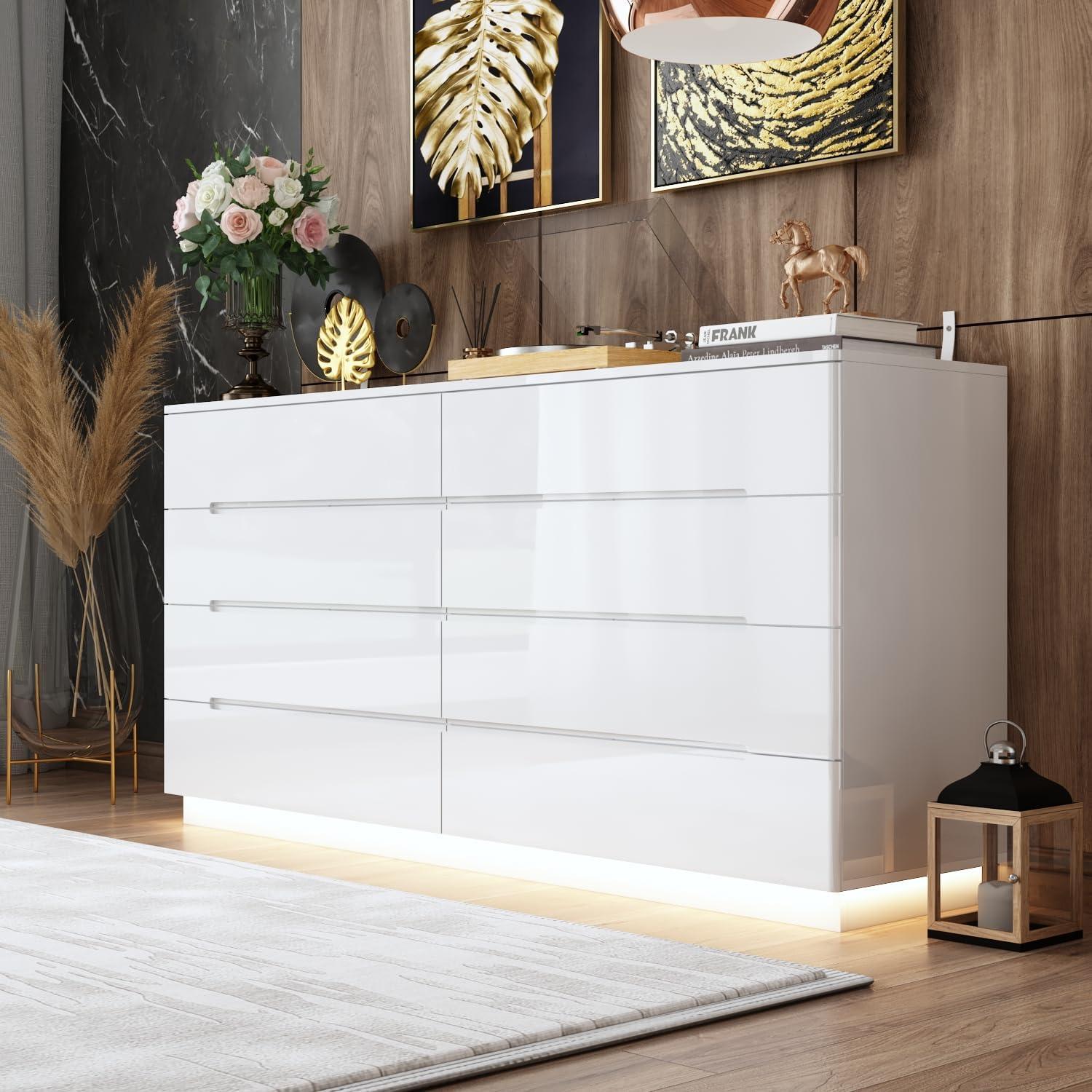 Modern White High Gloss Double Dresser with LED Lights