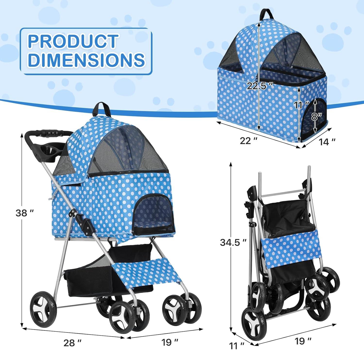 MoNiBloom 4 Wheel Foldable Dog Pet Stroller with Cup Holder, Sky Blue with White Polka Dots