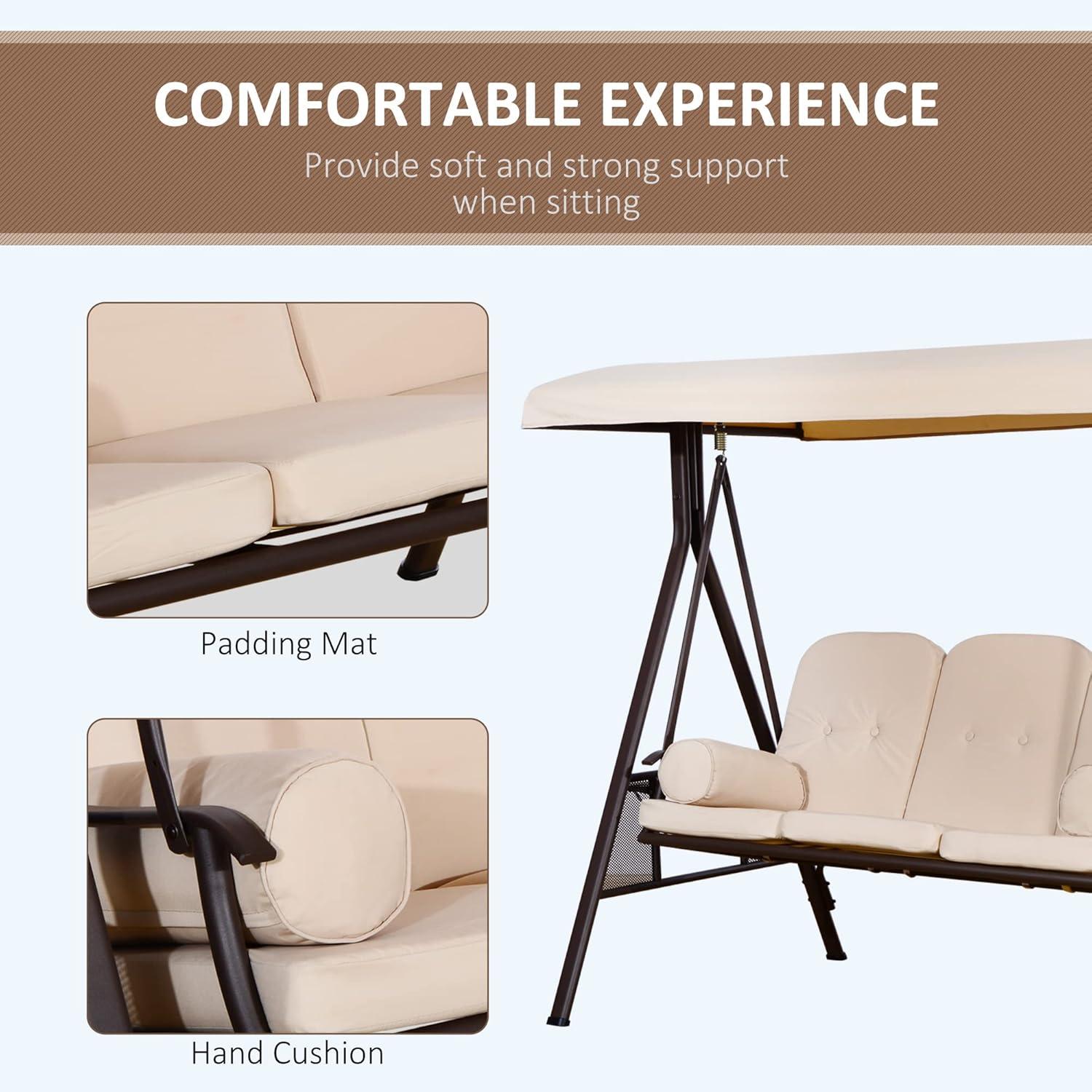 Outsunny 3-Seat Outdoor Patio Swing with Adjustable Tilt Canopy, Cushions, Pillow, Steel Frame, Side Tray, Cup Holder, Beige