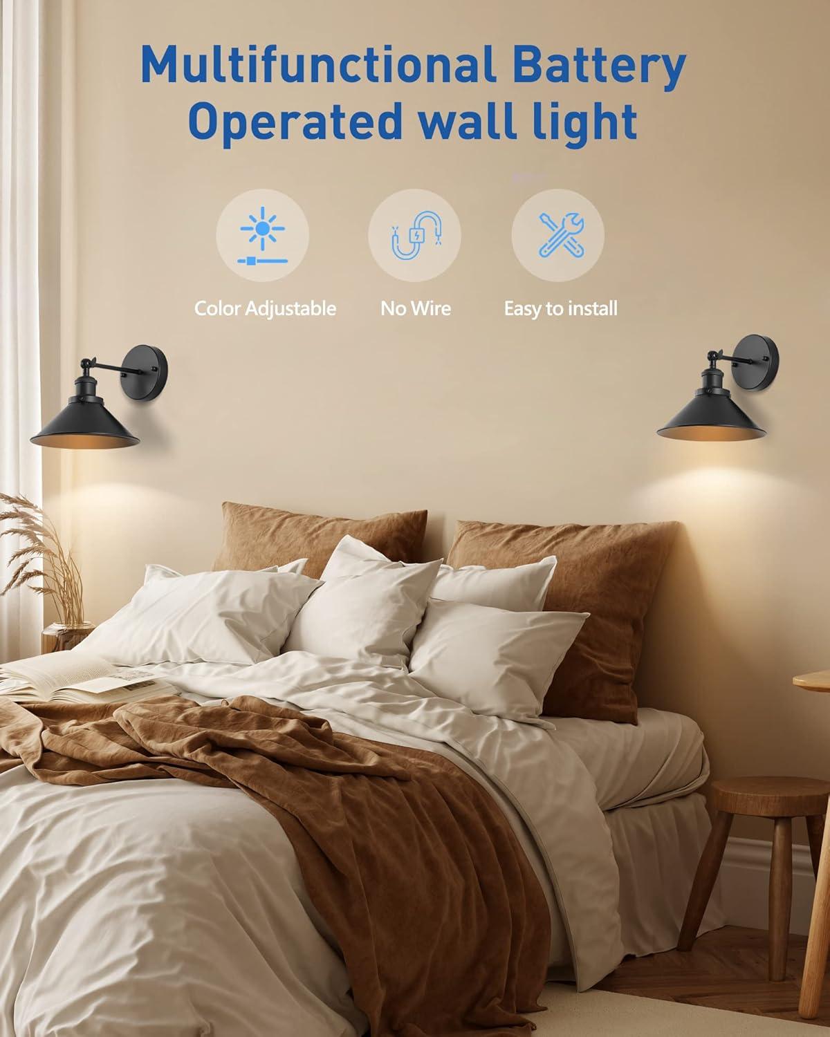 Battery Operated Wall Sconce Decor Set of 2, Black Wireless Wall Sconces with Remote, Dimmable Vintage Led Wall Lights, Wall Lamp for Bedroom Farmhouse Gallery