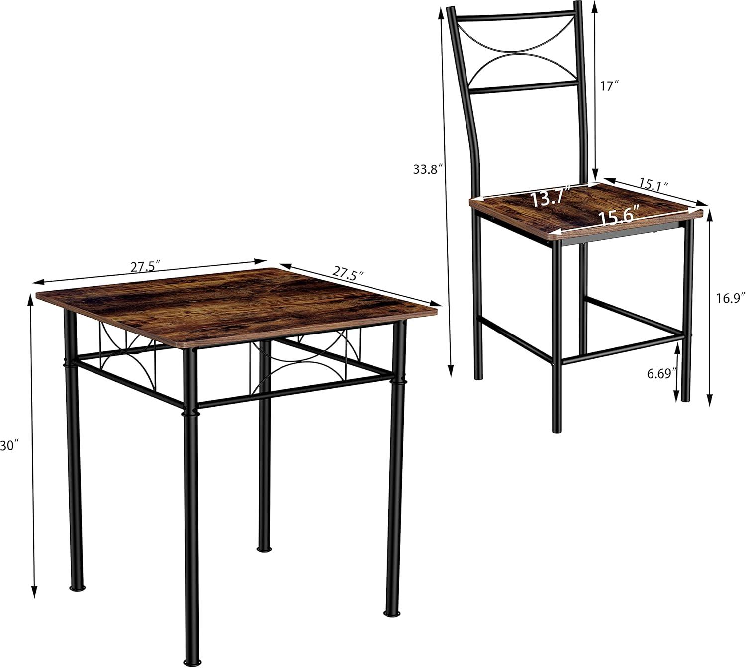 Rustic Brown Square MDF and Metal Dining Table Set with 2 Chairs