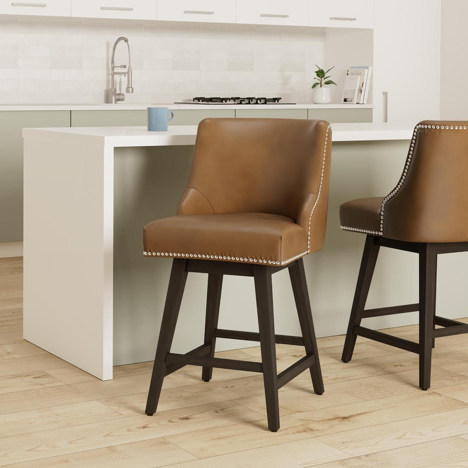 Saddle Brown Faux Leather Swivel Counter Stools with Wood Legs, Set of 2