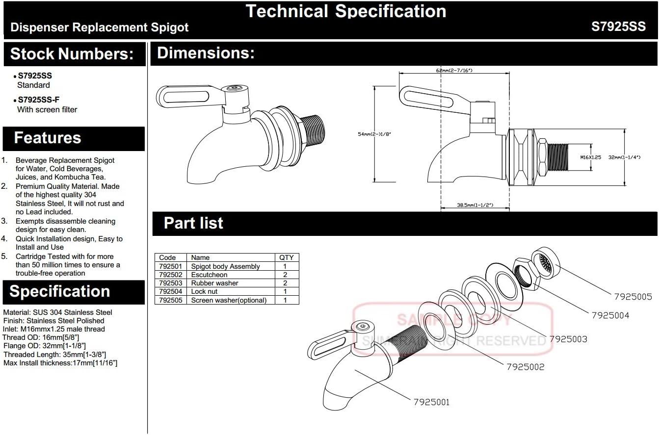 Polished Stainless Steel Beverage Dispenser Replacement Spigot Set