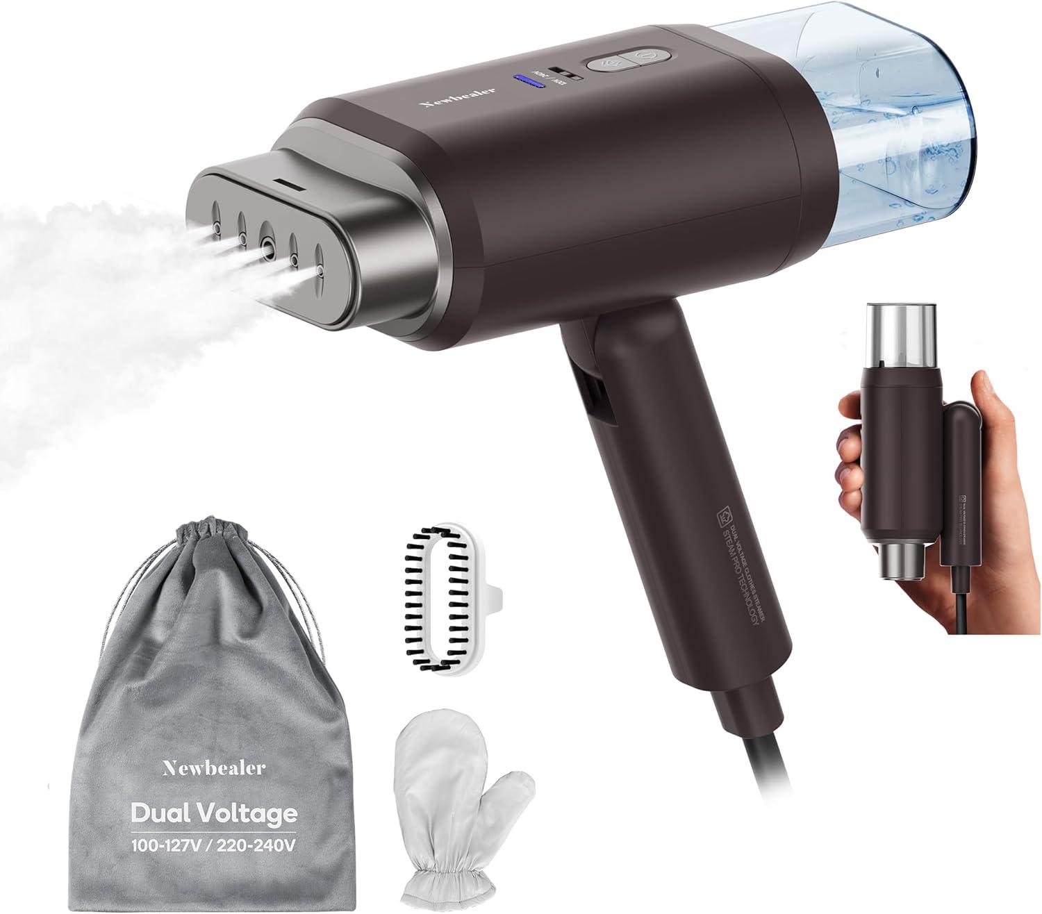Newbealer Newbealer Travel Garment Steamer,100V-240V Handheld Powerful Steamer for Clothes,2 Adjustment Steaming,Self-cleaning,Brown