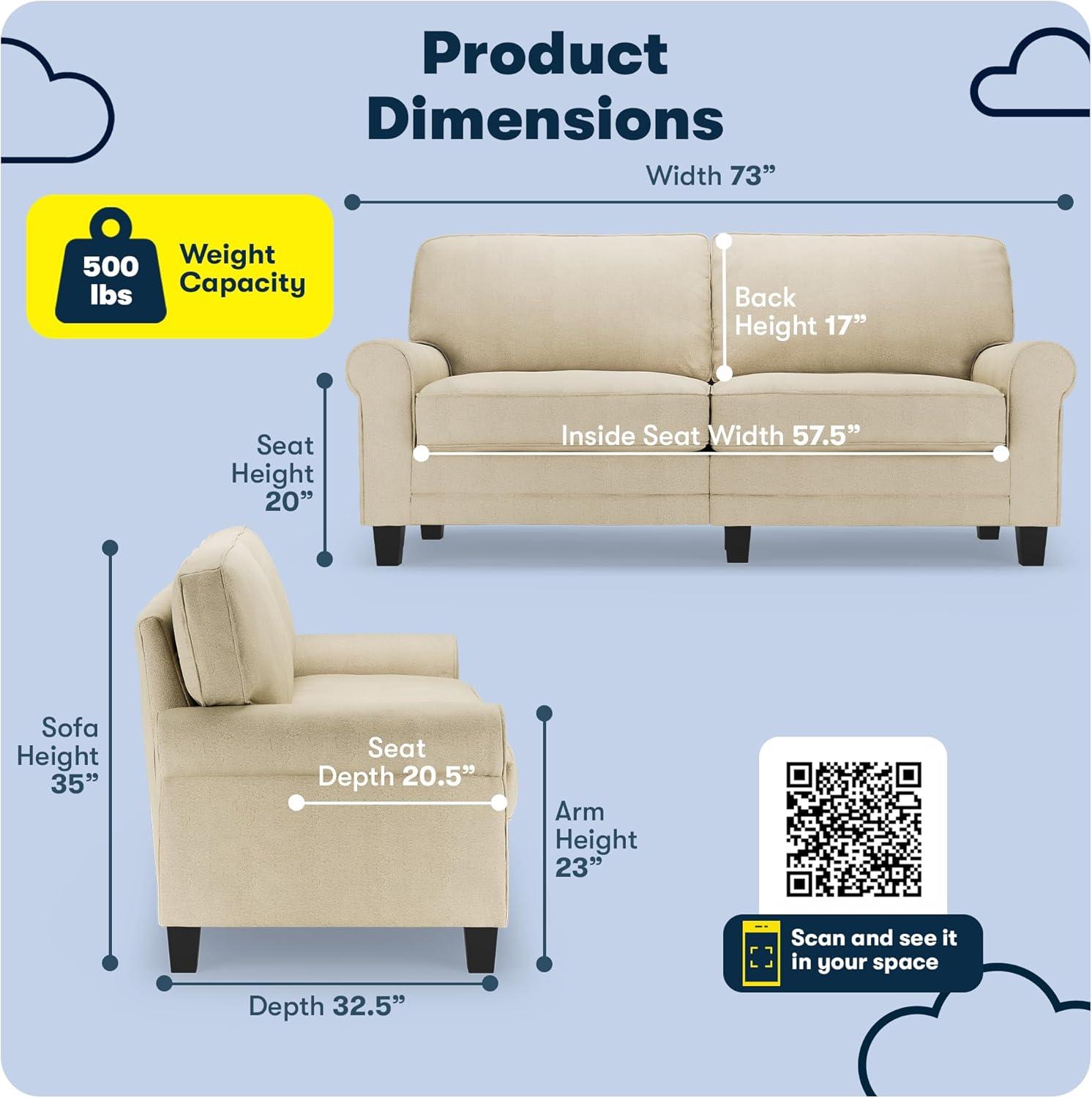 Serta Copenhagen 73" Rolled Arm Sofa, Easy Care Fabric, Soft Pillow Back, Pocket Coil Seat Cushions