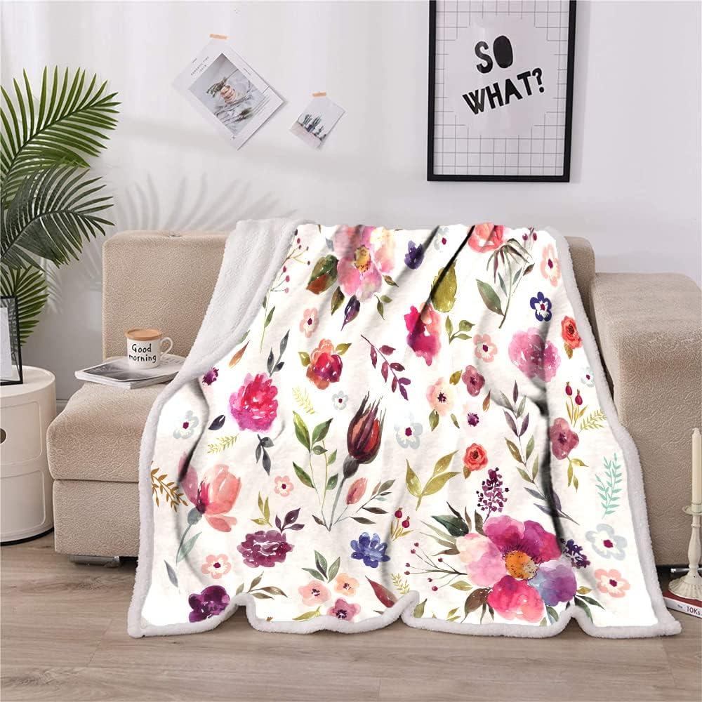 Floral Sherpa Fleece Throw Blanket with Watercolor Design