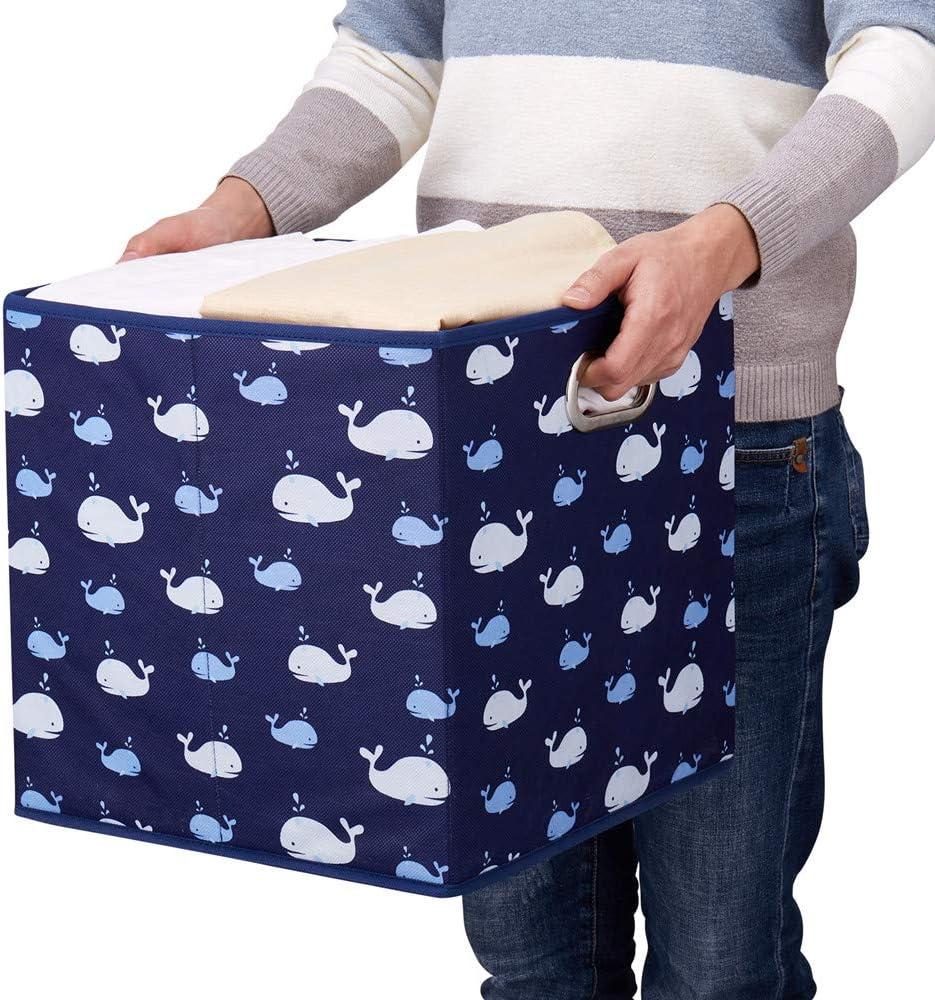 13-Inch Blue Fabric Storage Cubes with White Whale Pattern, Set of 6