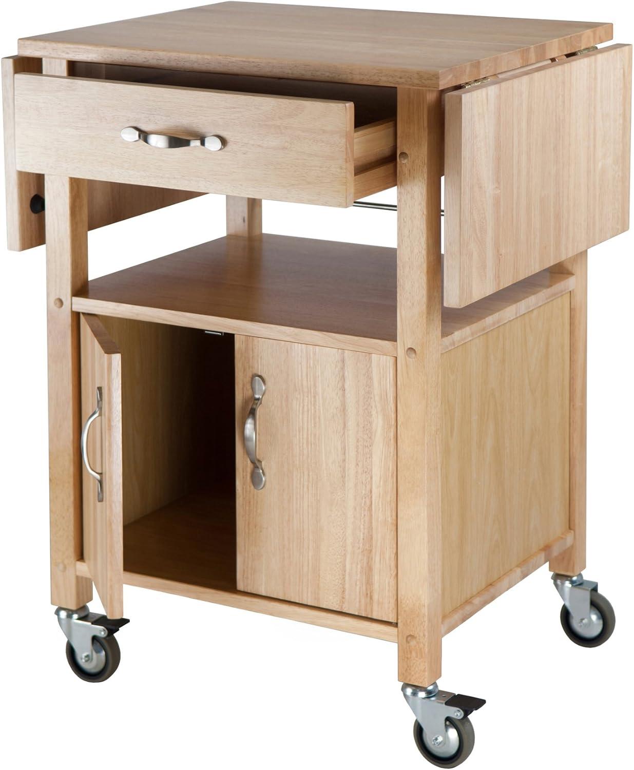 Transitional Brown Wood Drop-Leaf Kitchen Cart with Storage