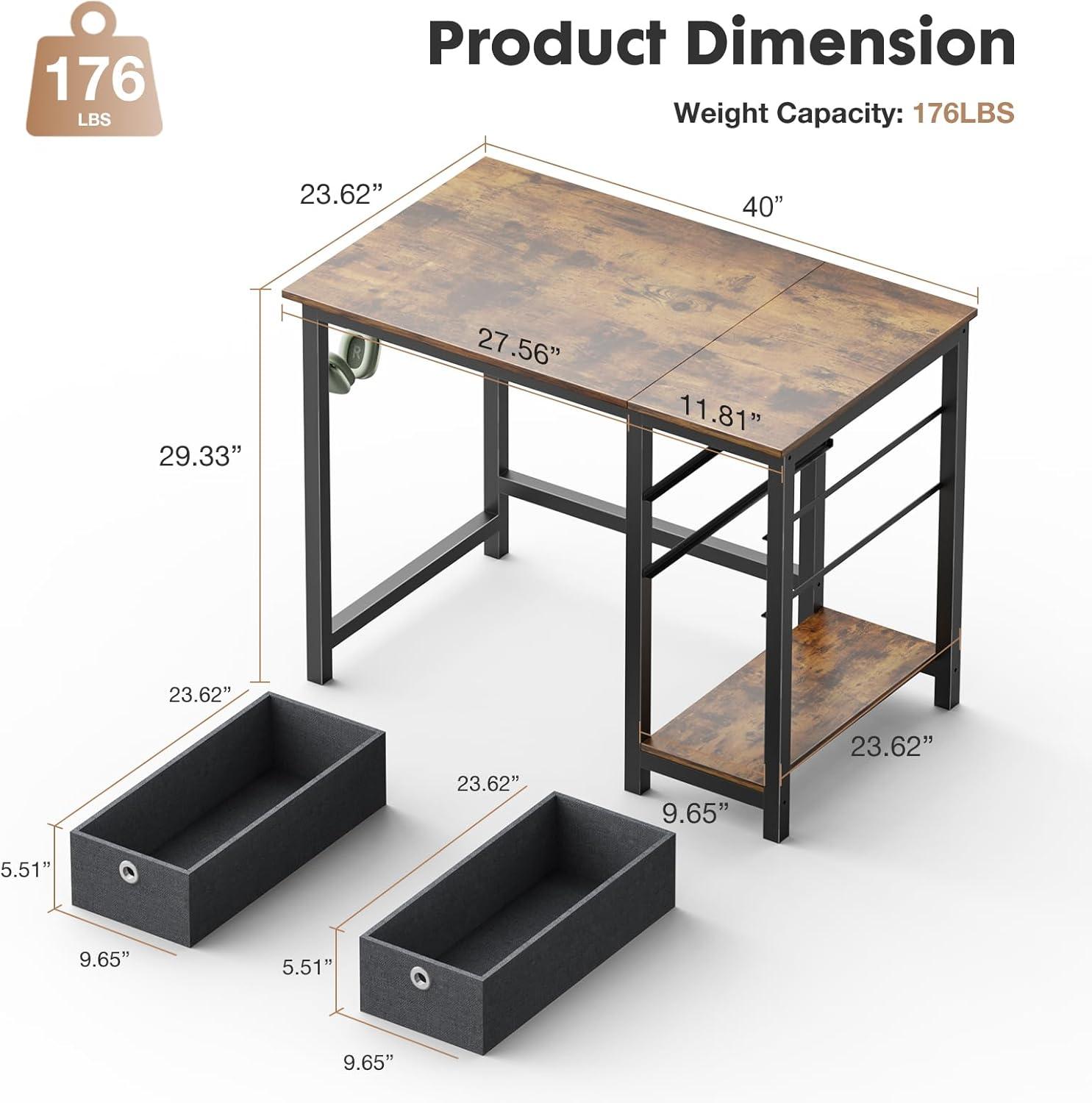 Small Computer Desk with Drawers 40 Inch Office Writing Work Kids Study 2-Tier Wood Corner Table with Storage Drawers Shelf for Bedroom Home Office - Rustic Brown