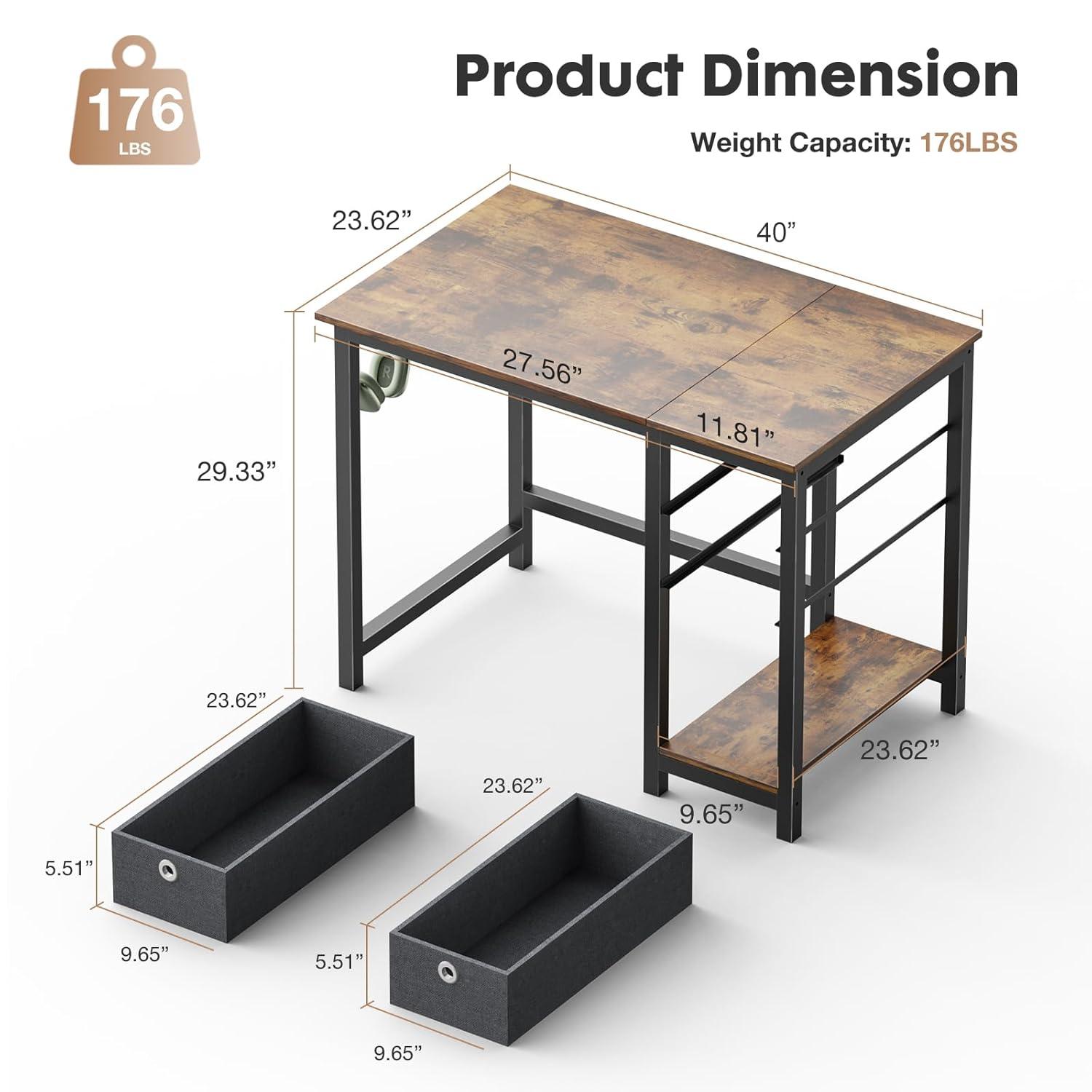 Sweetcrispy 40 Inch Computer Desk with Drawers for Home Office, Writing Desk with X-Shaped Reinforcement, Wood Table with Adjustable Position Drawers, Study Work Table with Side Hook, Rustic Brown