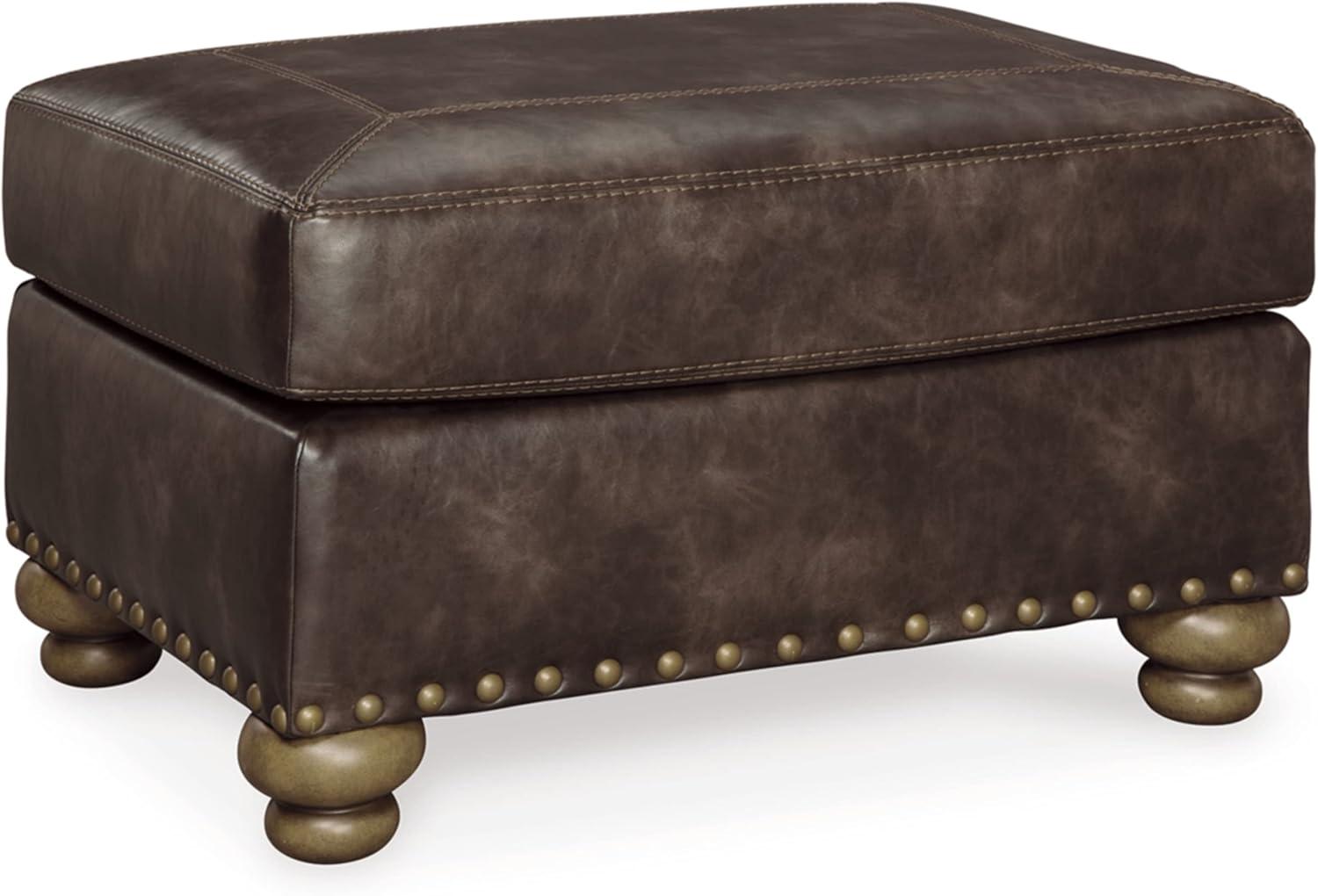 Brown Faux Leather Ottoman with Gold Nailhead Trim