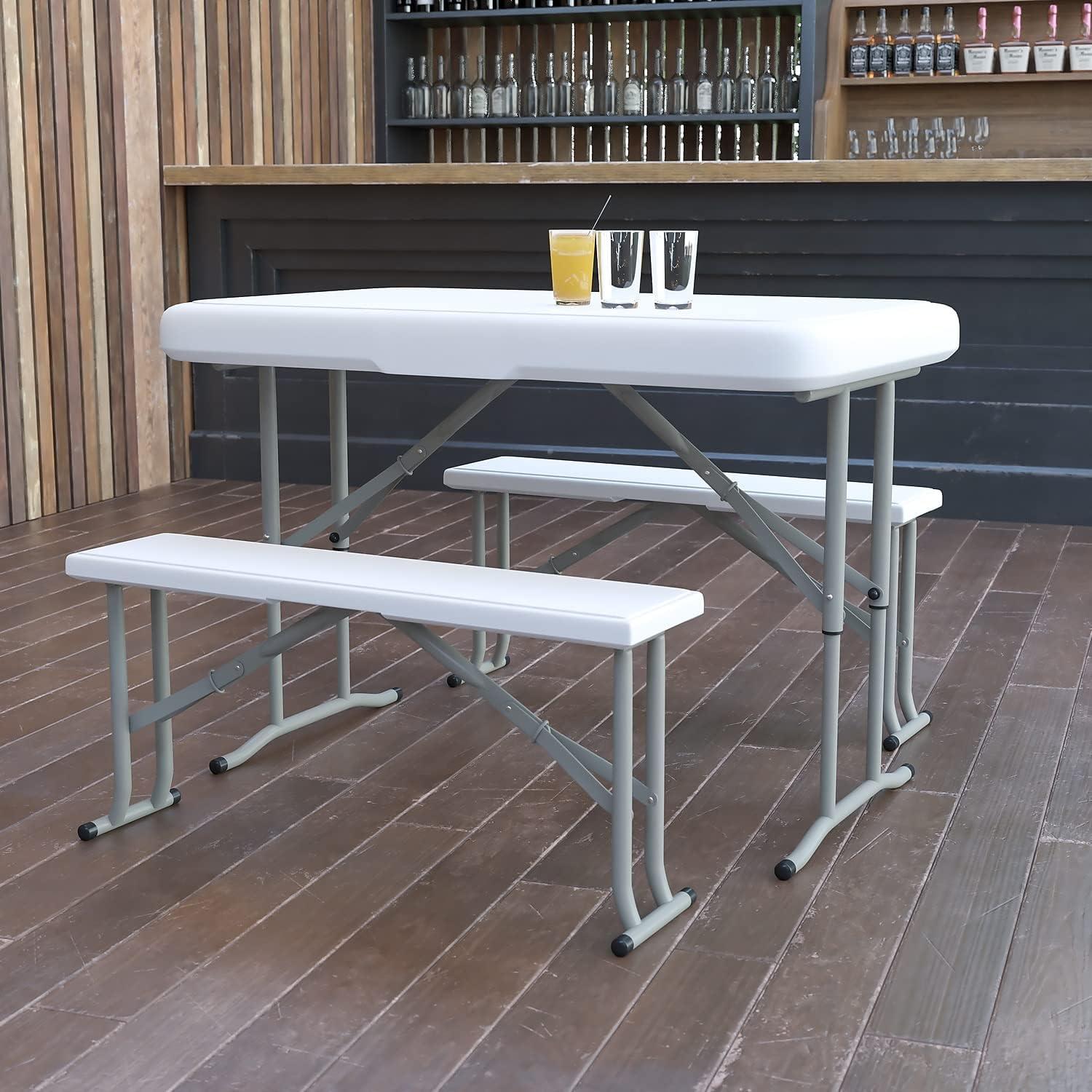 Granite White Metal Folding Table and Bench Set