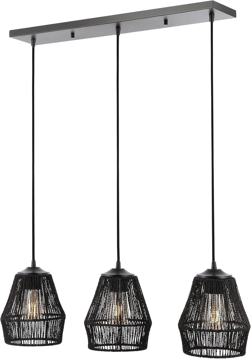 30" 3-Light Ibiza Island Woven Rope/Metal Bohemian Coastal Linear Pendant (Includes LED Light Bulb) Black - JONATHAN Y