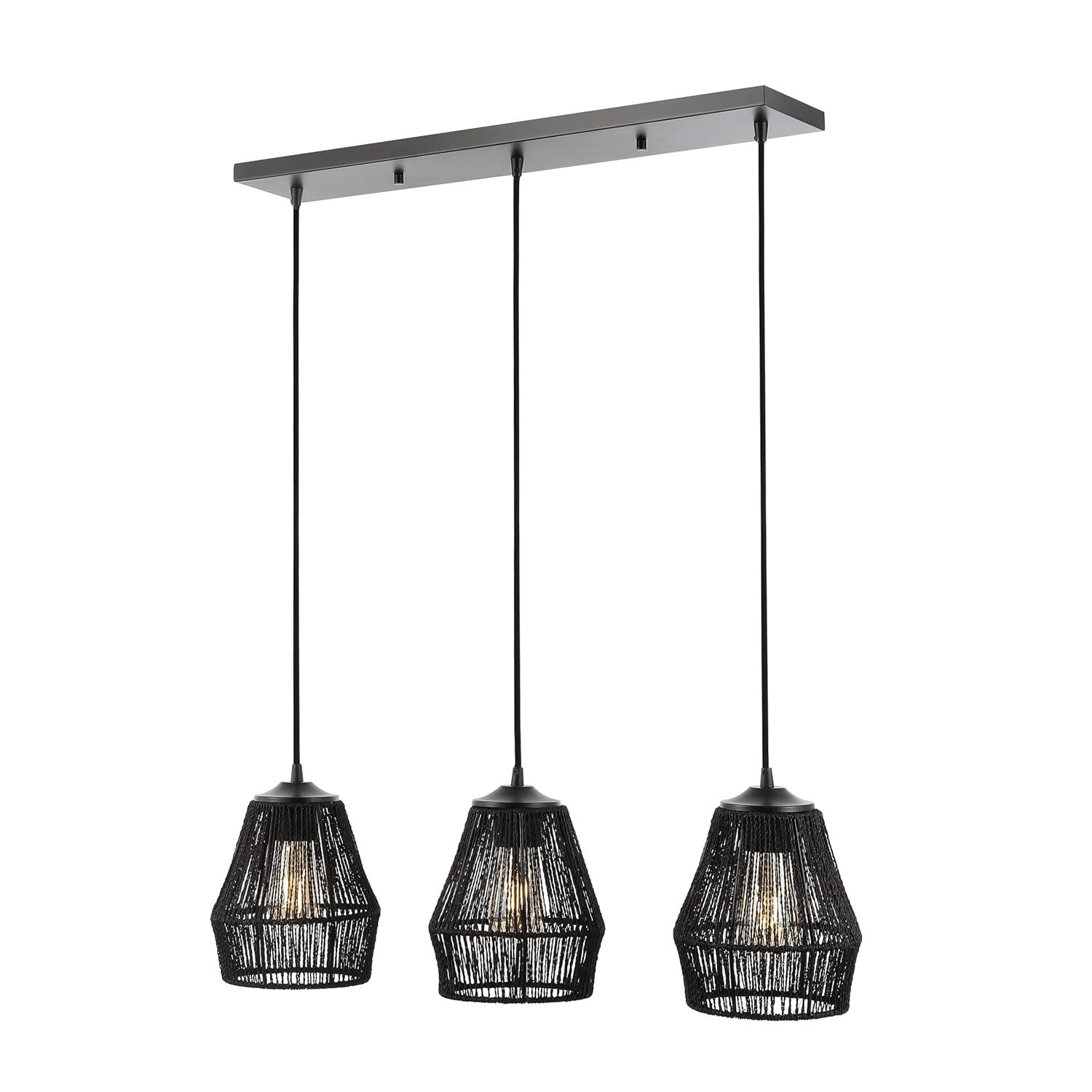 30" 3-Light Ibiza Island Woven Rope/Metal Bohemian Coastal Linear Pendant (Includes LED Light Bulb) Black - JONATHAN Y