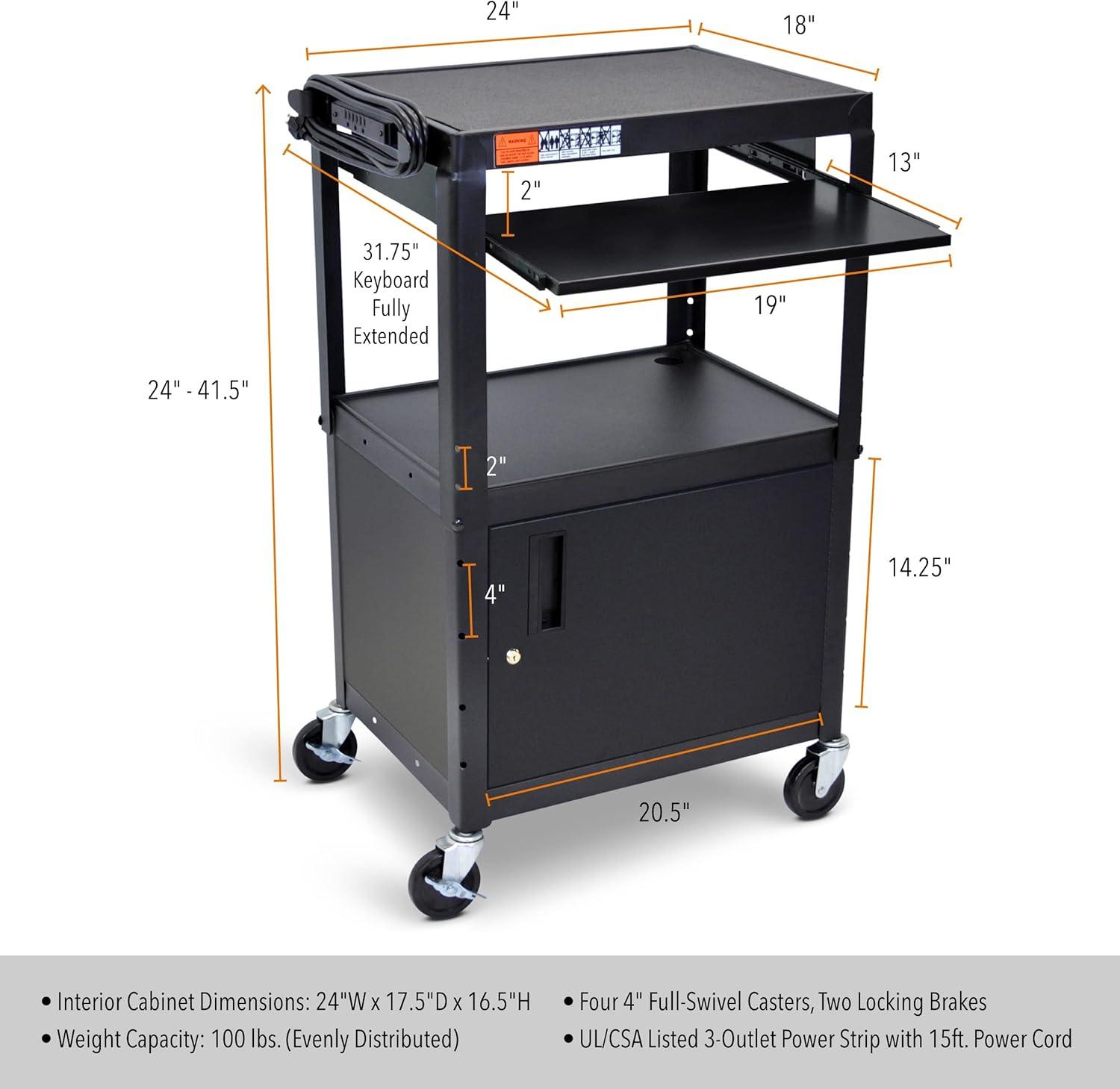 Black Adjustable Height AV Cart with Locking Cabinet and Keyboard Tray