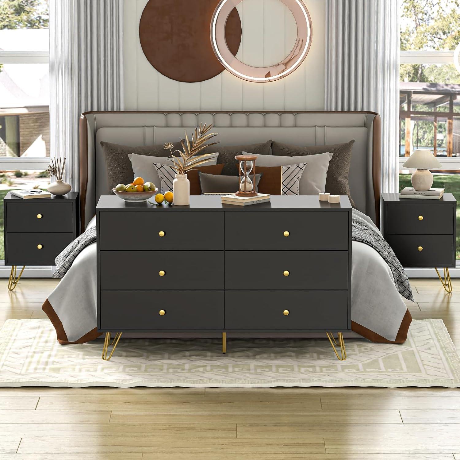 Black Modern 6-Drawer Dresser with Gold Handles