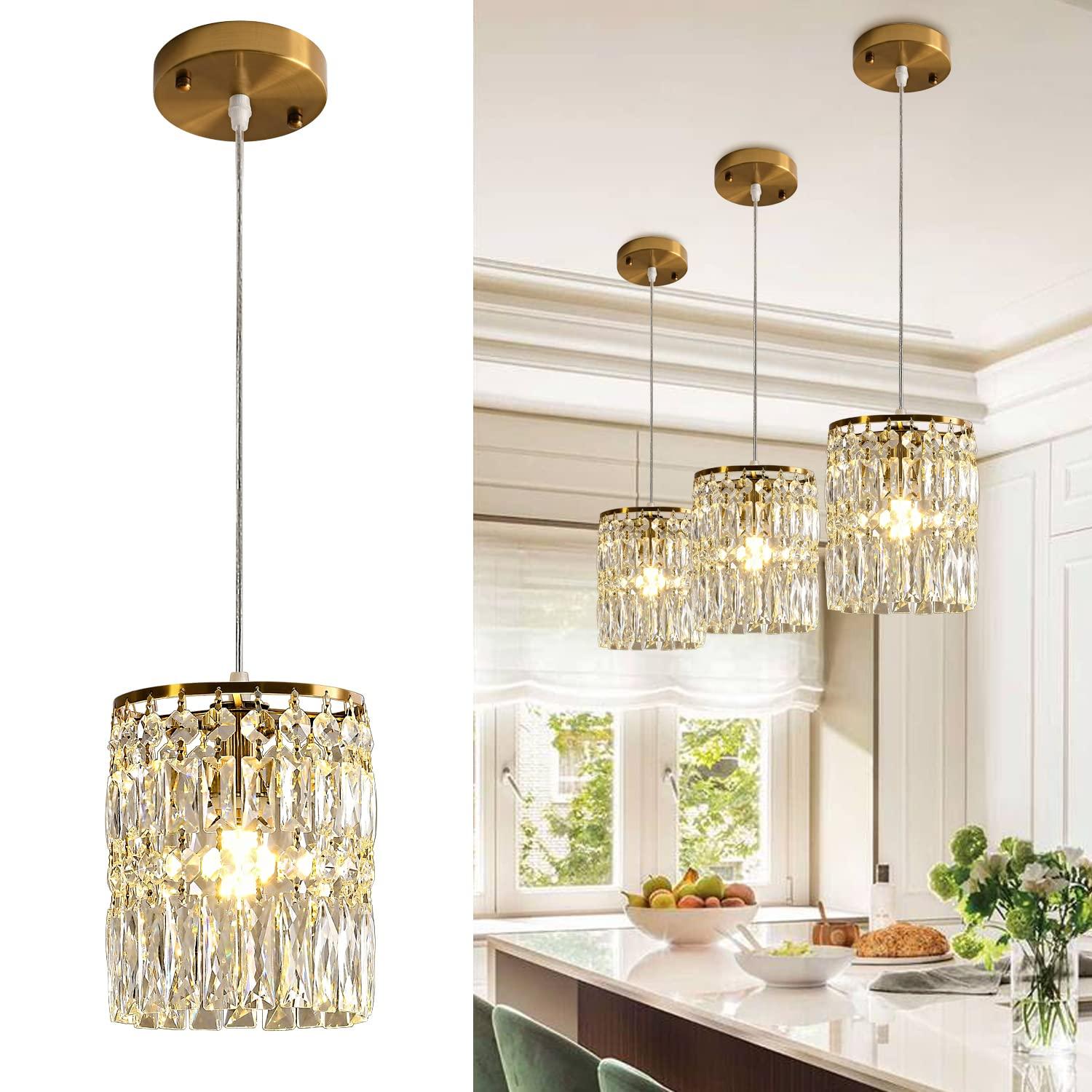Modern Crystal Pendant Light for Kitchen Island Height Adjustable Gold Chandeliers Light Fixture Hanging Ceiling Lights for Hallway Dining Room Bedroom Living Room (2-Pack)