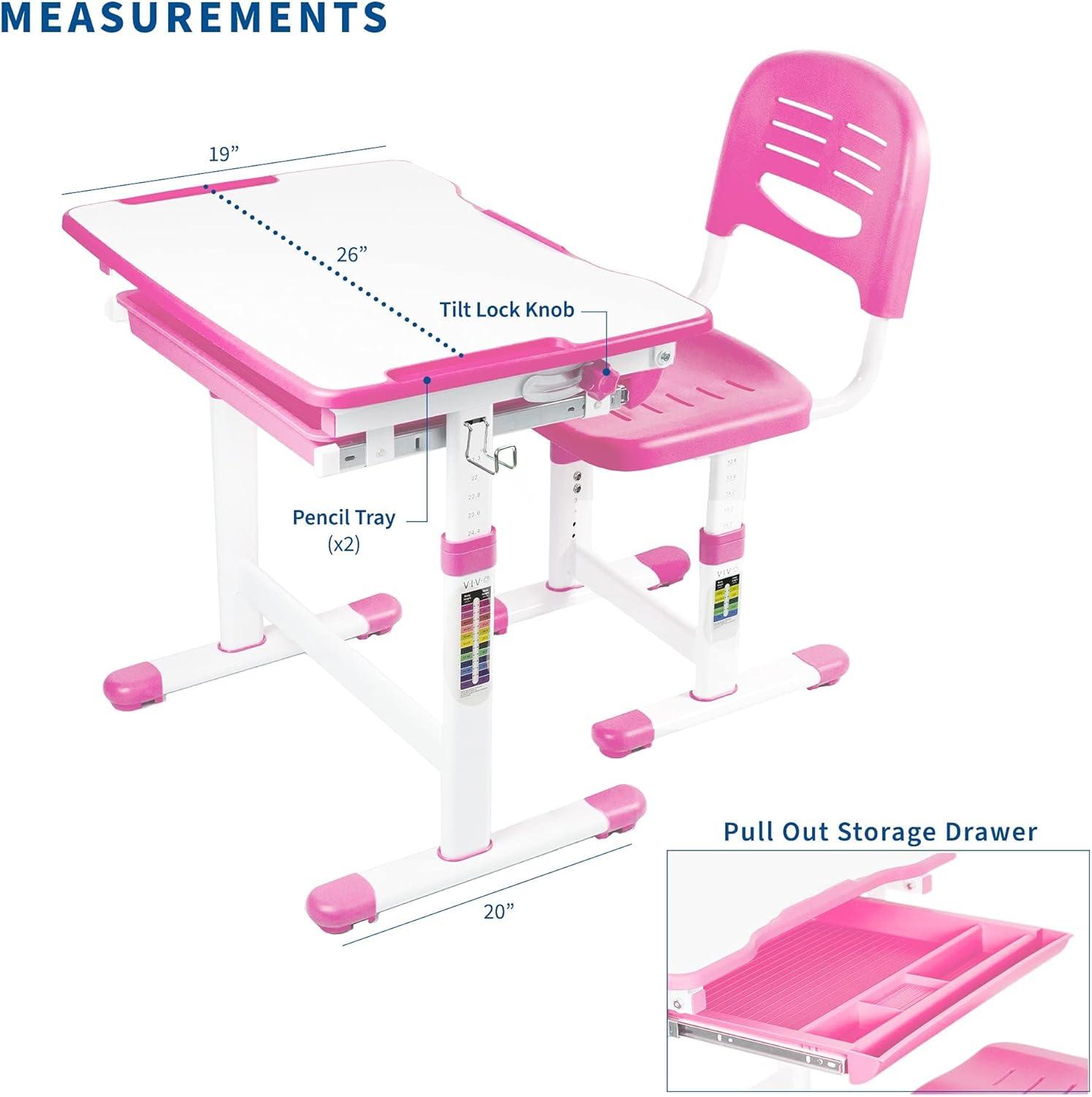 Pink Adjustable Height Kids Desk and Chair Set with Drawer