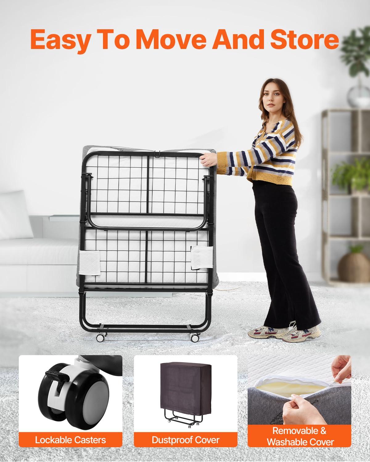 Rollaway Bed, Black Metal Frame, Outdoor Rocking Chair with White Cushion, 31 x 75 in. Folding Bed with 5 in. Mattress