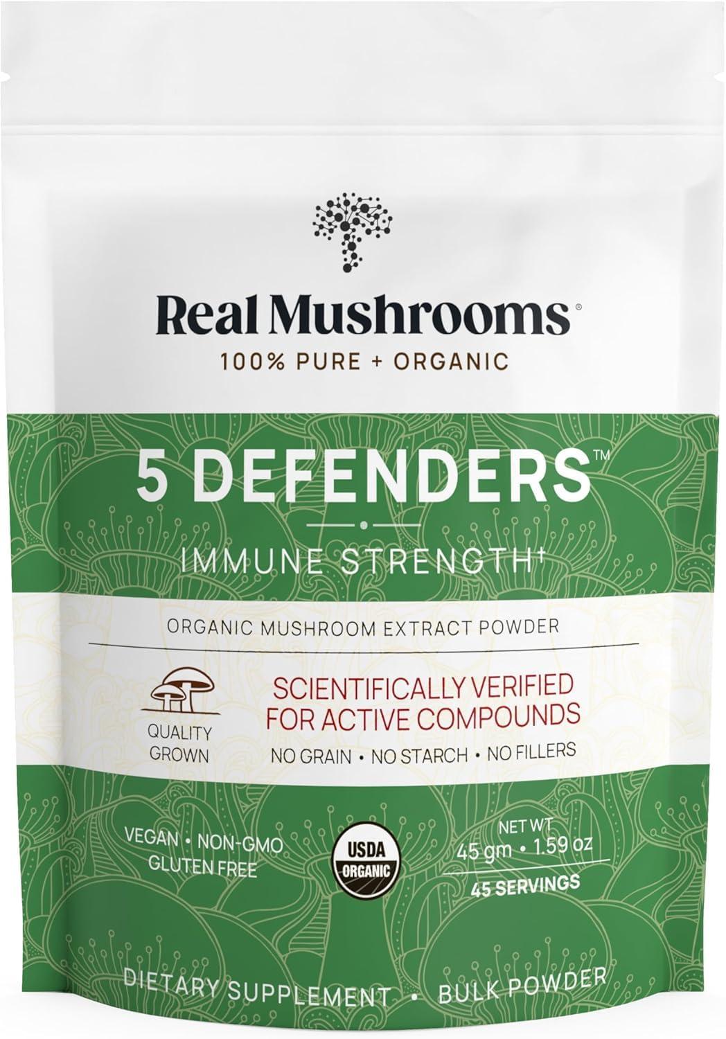 Real Mushrooms 5 Defenders, Organic Mushroom Extract Powder, 1.59 oz (45 g)