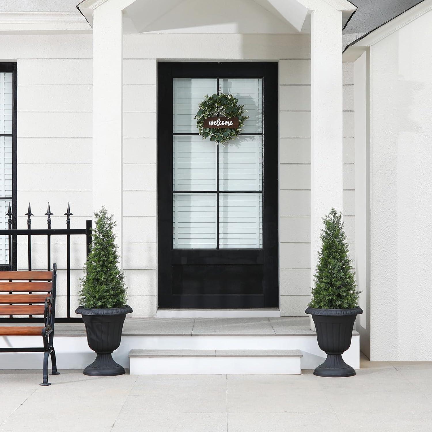 5ft Artificial Cedar Topiary Trees for Outdoors, Fake Cypress Plants with Solar Light String, Faux uv resistant Plants for Home Front Porch Decor, Housewarming Gift