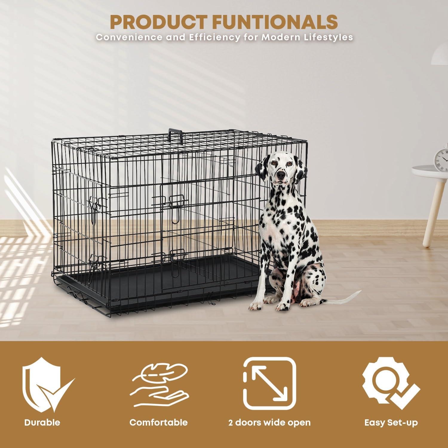 CL.HPAHKL Durable Large Dog Crate, Folding Metal Dog Kennel Double Door Dog Cage with Plastic Tray, Wire Crate for Large Dog Indoor Outdoor Travel (Black, 42 inch)