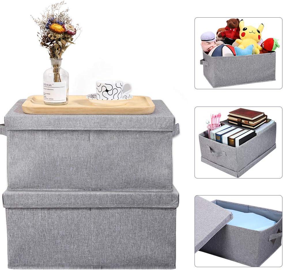 HOONEX Linen Foldable Storage Bins with Lids, 2 Pack, Storage Boxes with Carrying Handles and Sturdy Heavy Cardboard, 16.5" L x 11.8" W x 7.5" H for Shoes, Books, Clothes, Light Grey