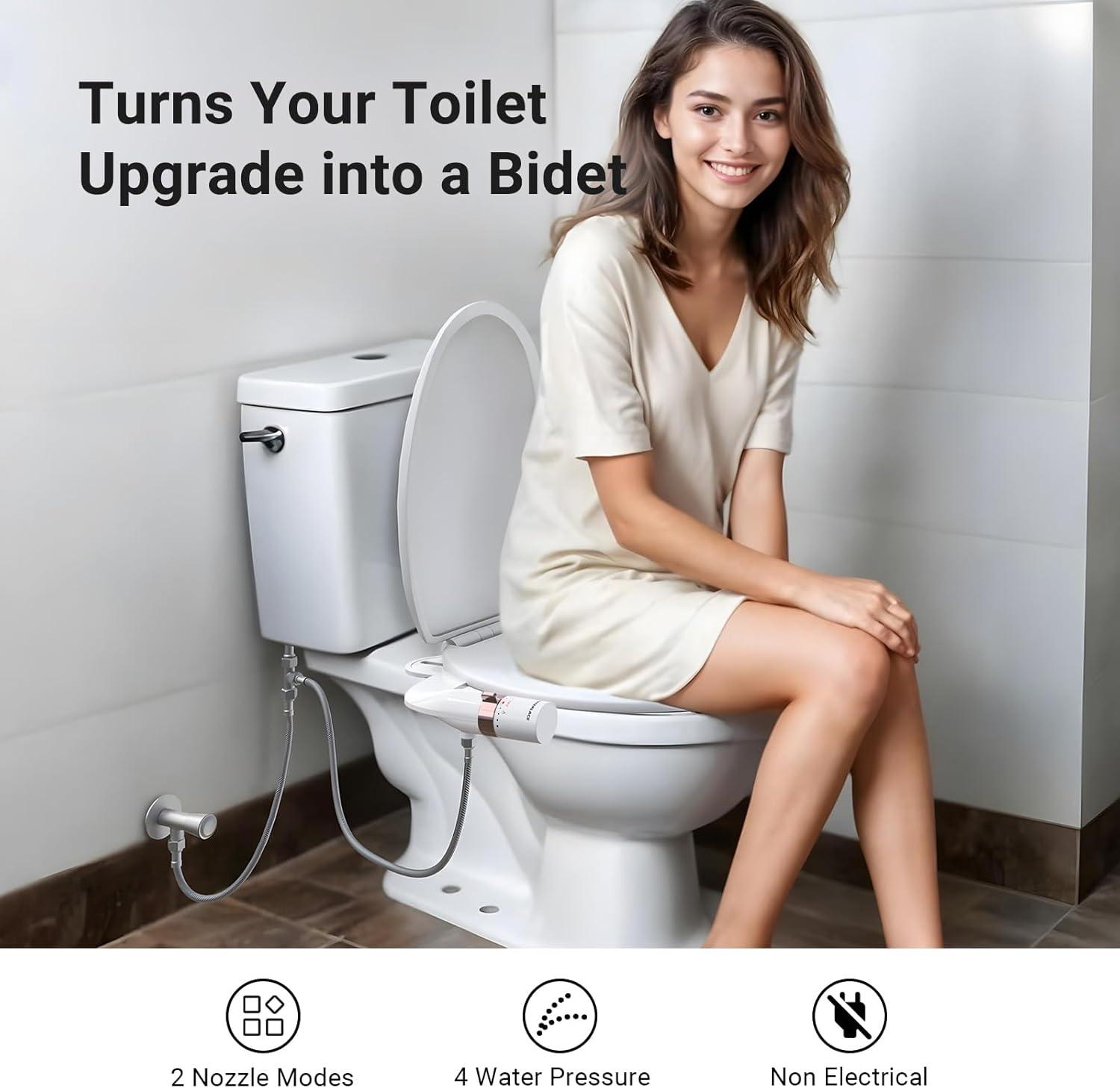 Bidet Attachment for Toilet, Dual Nozzle Bidet Toilet Seat, Non-Electric Ultra-Thin Bidets for Existing Toilets, Rear/Feminine Wash with Adjustable Water Pressure (Rose Gold)