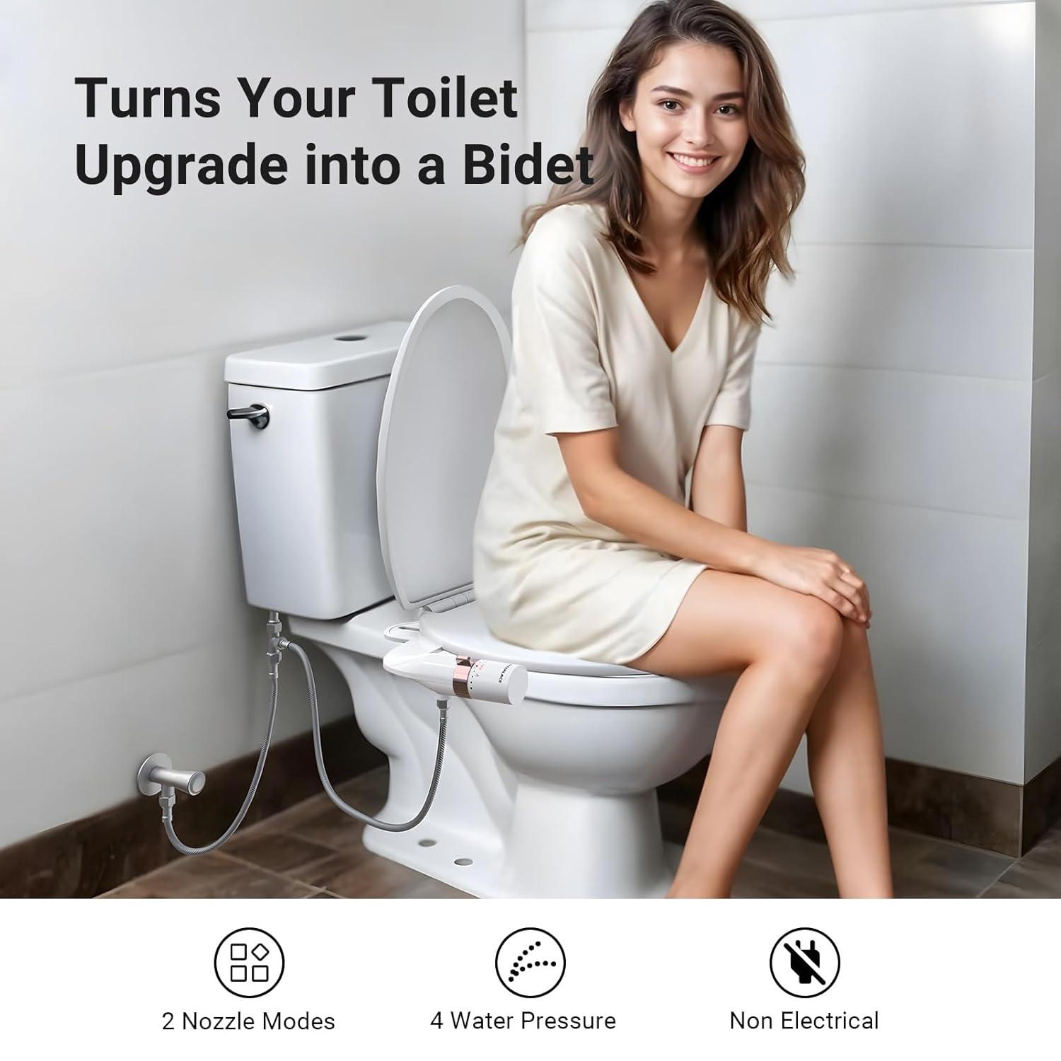 Bidet Attachment for Toilet, Dual Nozzle Bidet Toilet Seat, Non-Electric Ultra-Thin Bidets for Existing Toilets, Rear/Feminine Wash with Adjustable Water Pressure (Rose Gold)