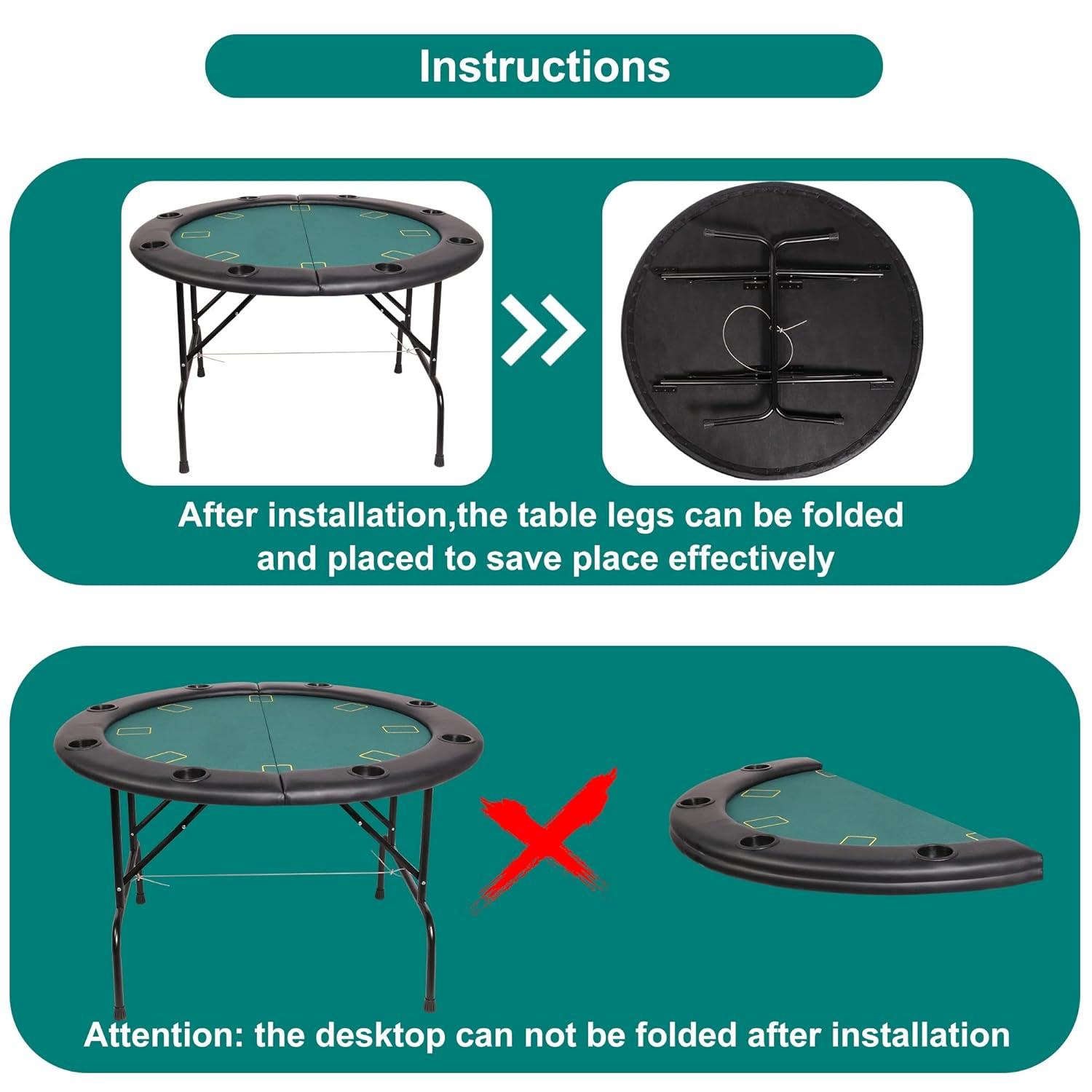 CARSTY 8-Player Round Folding Poker Table with Cup Holders, Casino Grade Green Felt Surface for Texas Hold'em, Blackjack, Board Games
