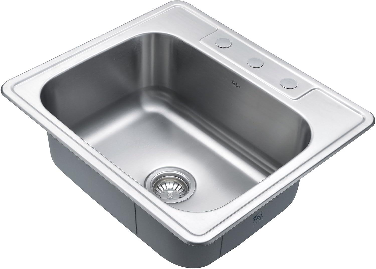 KRAUS 25 inch L Topmount Single Bowl 18 Gauge Stainless Steel Kitchen Sink with NoiseDefend Soundproofing