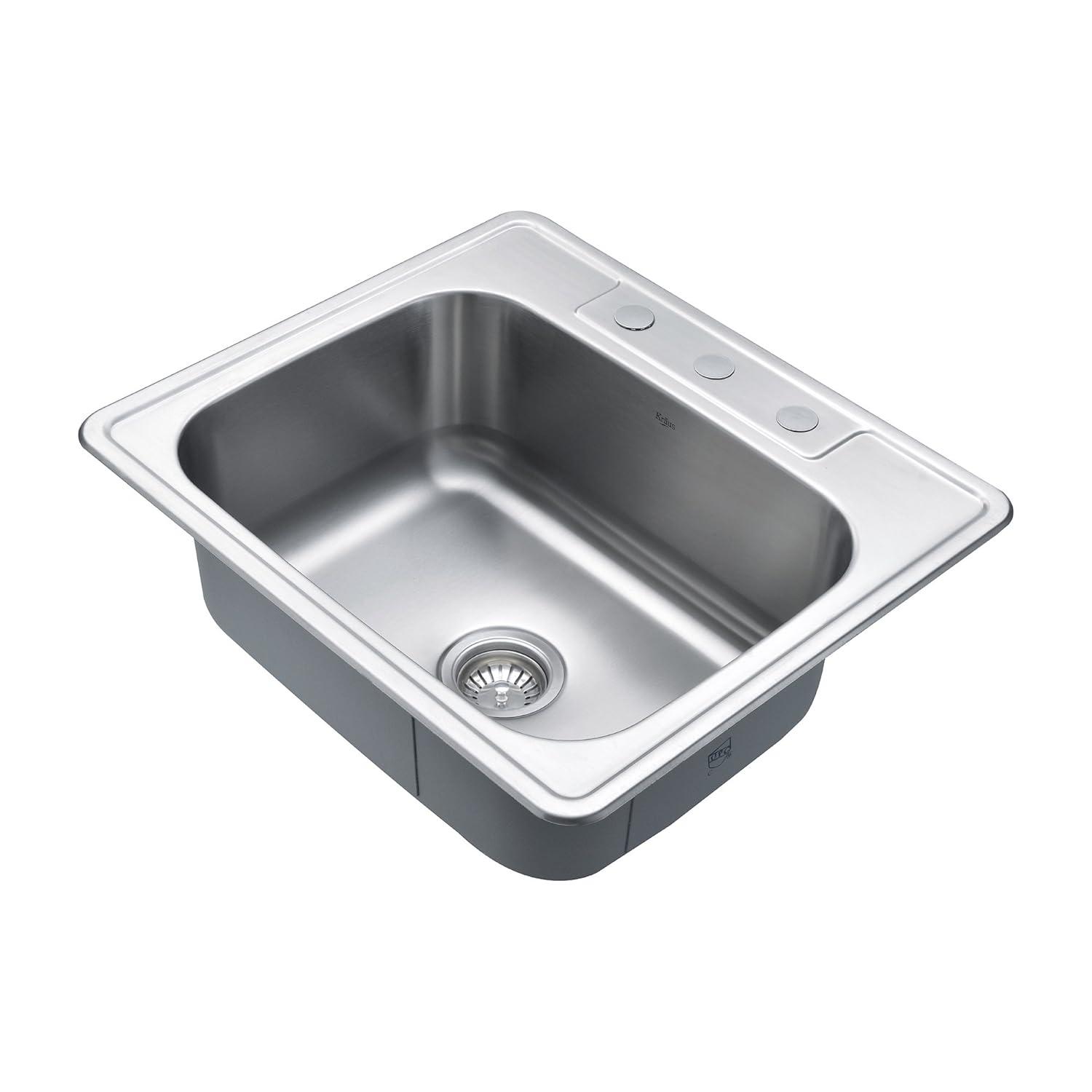 KRAUS 25 inch L Topmount Single Bowl 18 Gauge Stainless Steel Kitchen Sink with NoiseDefend Soundproofing