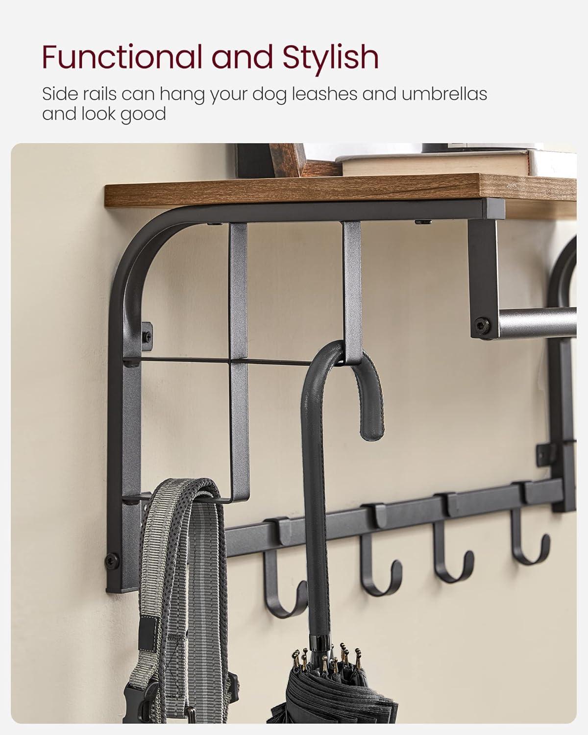 VASAGLE Wall-Mounted Coat Rack, Wall Hook Rack with Hanging Rod, Storage Shelf, Laundry Room Shelf with Hooks, for Entryway, Bathroom, Rustic Brown and Black ULCR12BX