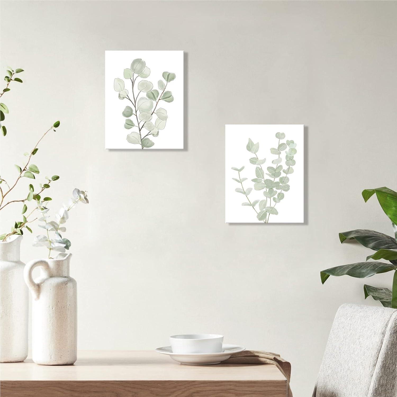 Drsoum Botanical Eucalyptus Light Green Boho Plant Canvas Framed Wall Art Decor 8"x 10" Set of 4