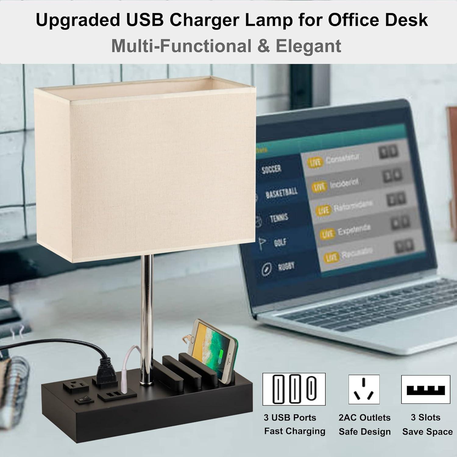 Briever Upgraded 3 USB Table Lamp with 2 USB A & C Charging Ports, Bedside Desk Lamp with 2 AC Outlets and Wooden Phone Stand Organizer, Ideal Nightstand Lamp for Bedroom, Guest Room, Office