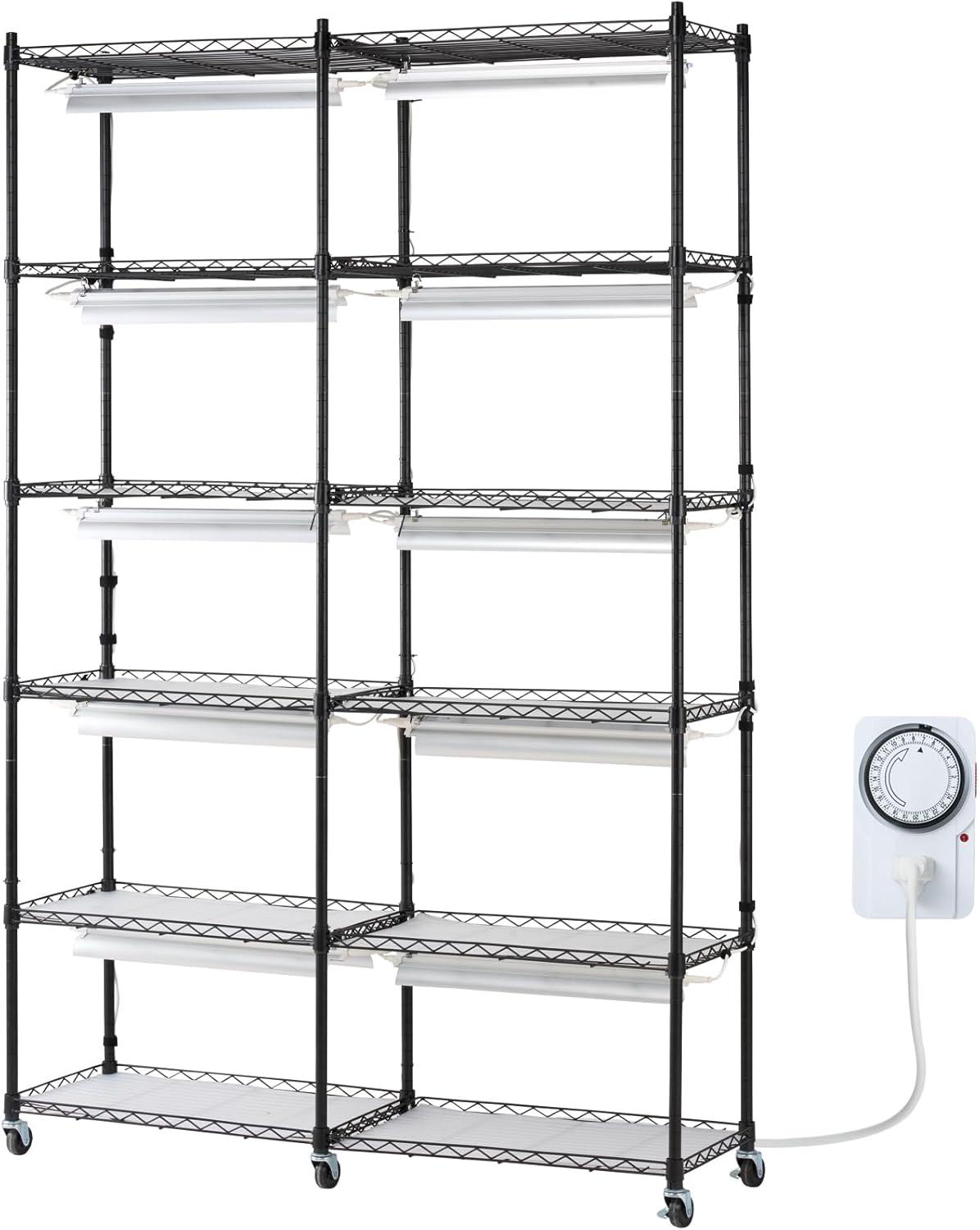 VEVOR Black Steel 6-Tier Plant Stand with Grow Light and Timer