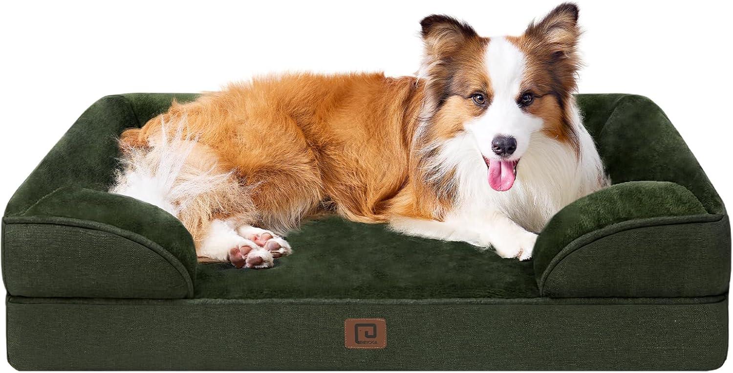 Orthopedic Dog Beds For Extra Large Dogs, Waterproof Memory Foam XL Dog Bed With Sides, Non-Slip Bottom And Egg-Crate Foam Big Dog Couch Bed With Washable Removable Cover, Dark Green
