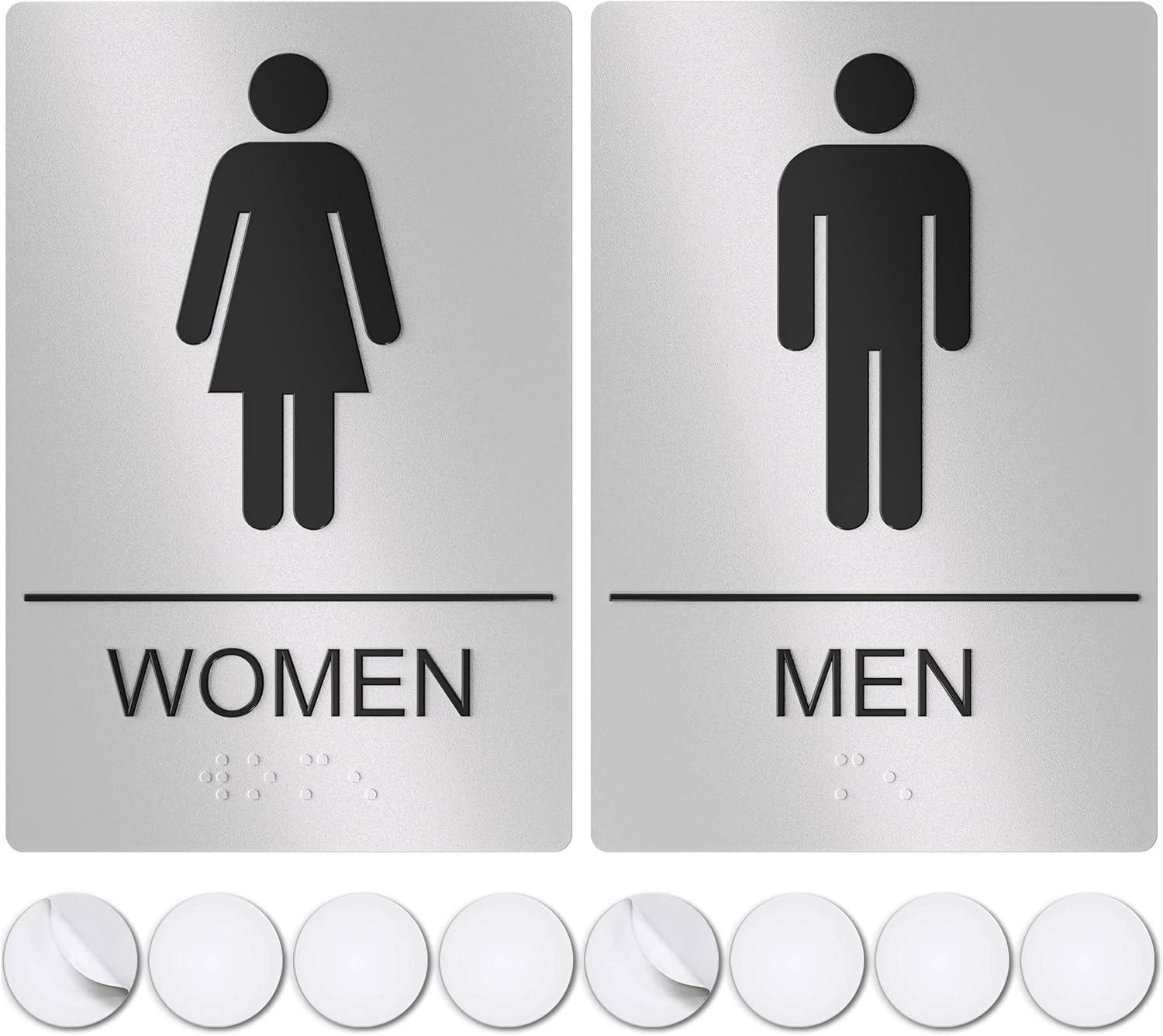 Assured Signs Restroom Sign for Wall | Bathroom Signs | 9 by 6" | Silver Acrylic | ADA Compliant with Braille | Includes Adhesives | Ideal for Office or Home