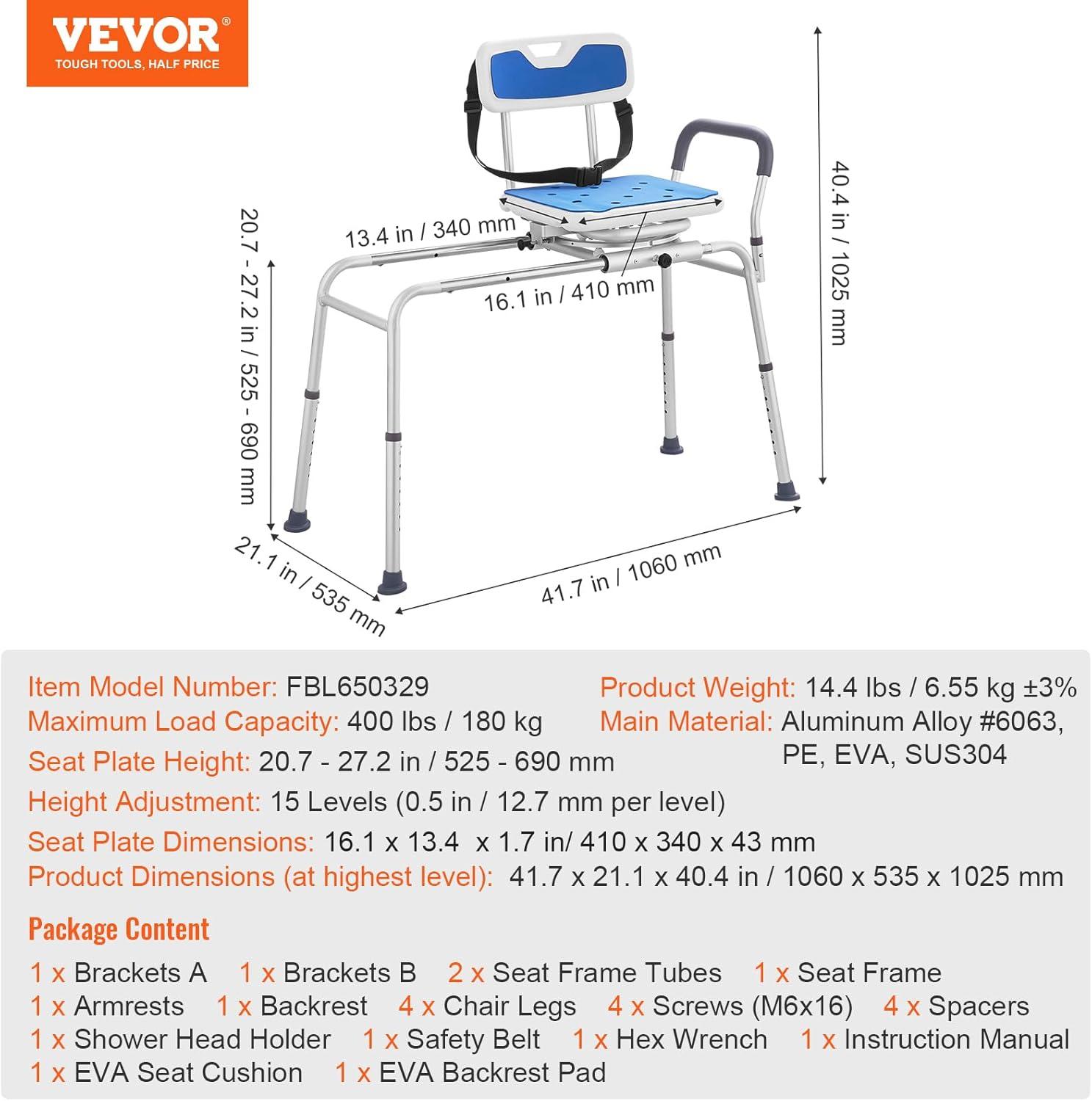 Adjustable Blue Plastic Sliding Tub Transfer Bench with Safety Belt