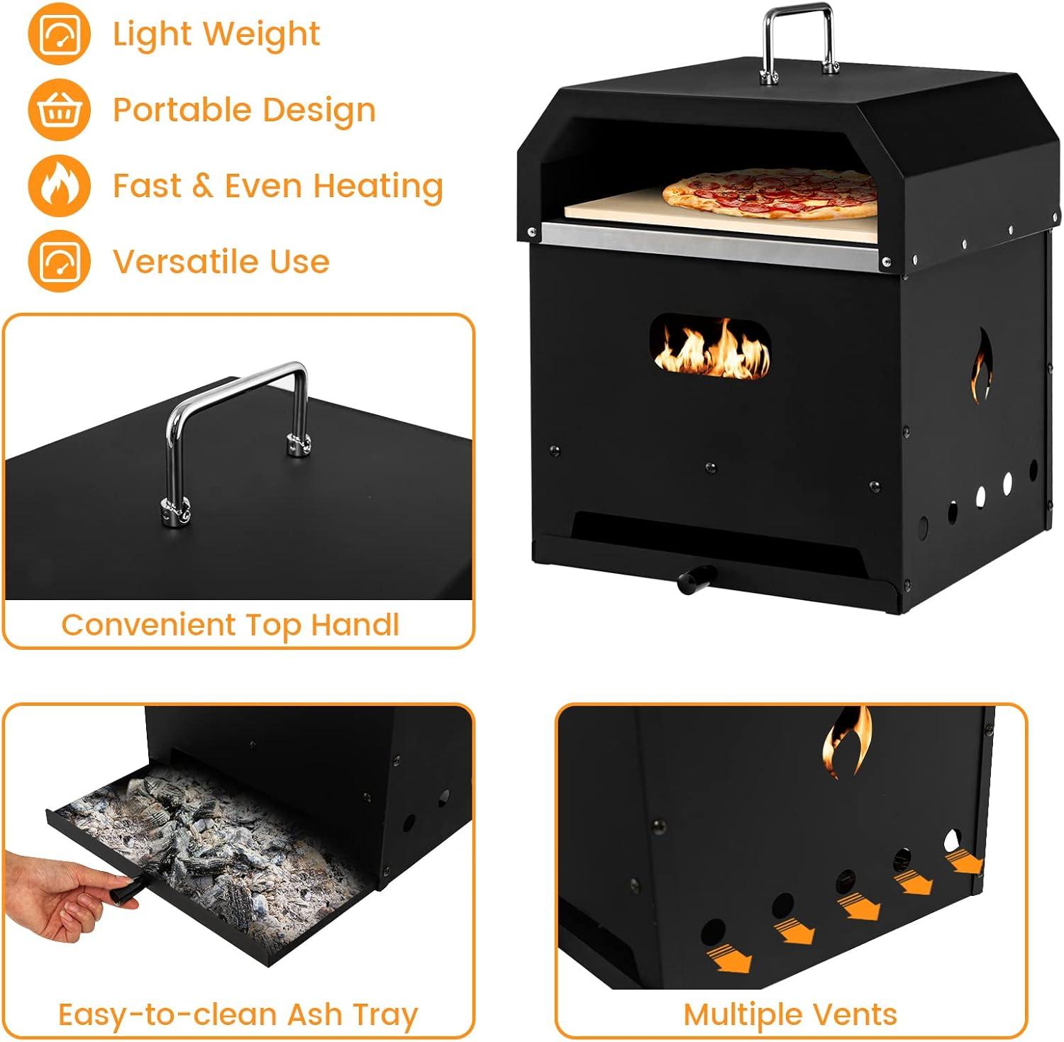 Portable Black Wood-Fired Outdoor Pizza Oven with Accessories