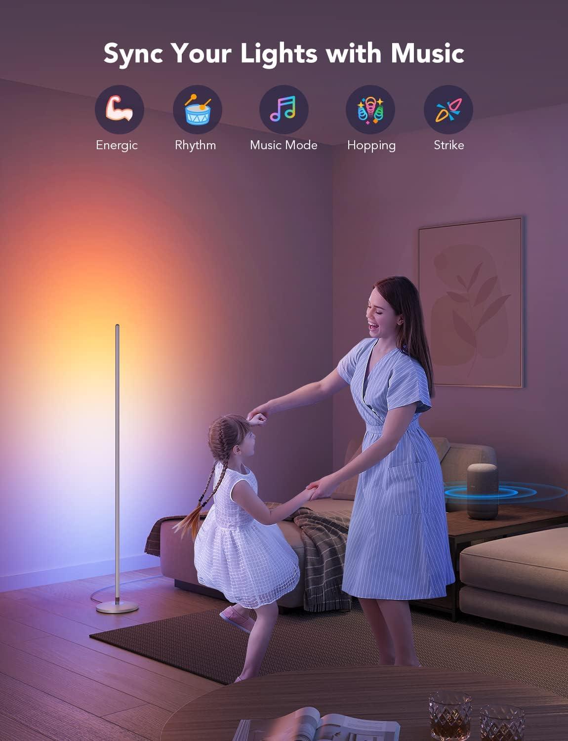 Silver Smart LED Floor Lamp with Music Sync and RGBIC Colors