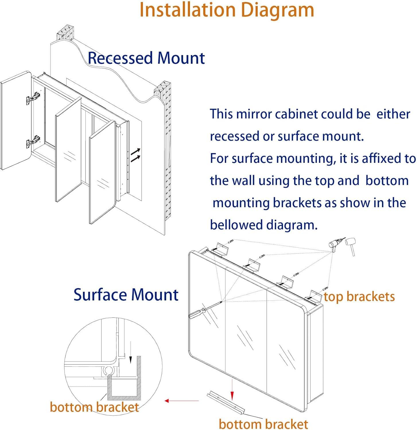 Black Bathroom Medicine Cabinet with Round Corner Framed Door, 40 x 25.5 inch, Recessed or Surface Mount, with Adjustable Glass Shelves