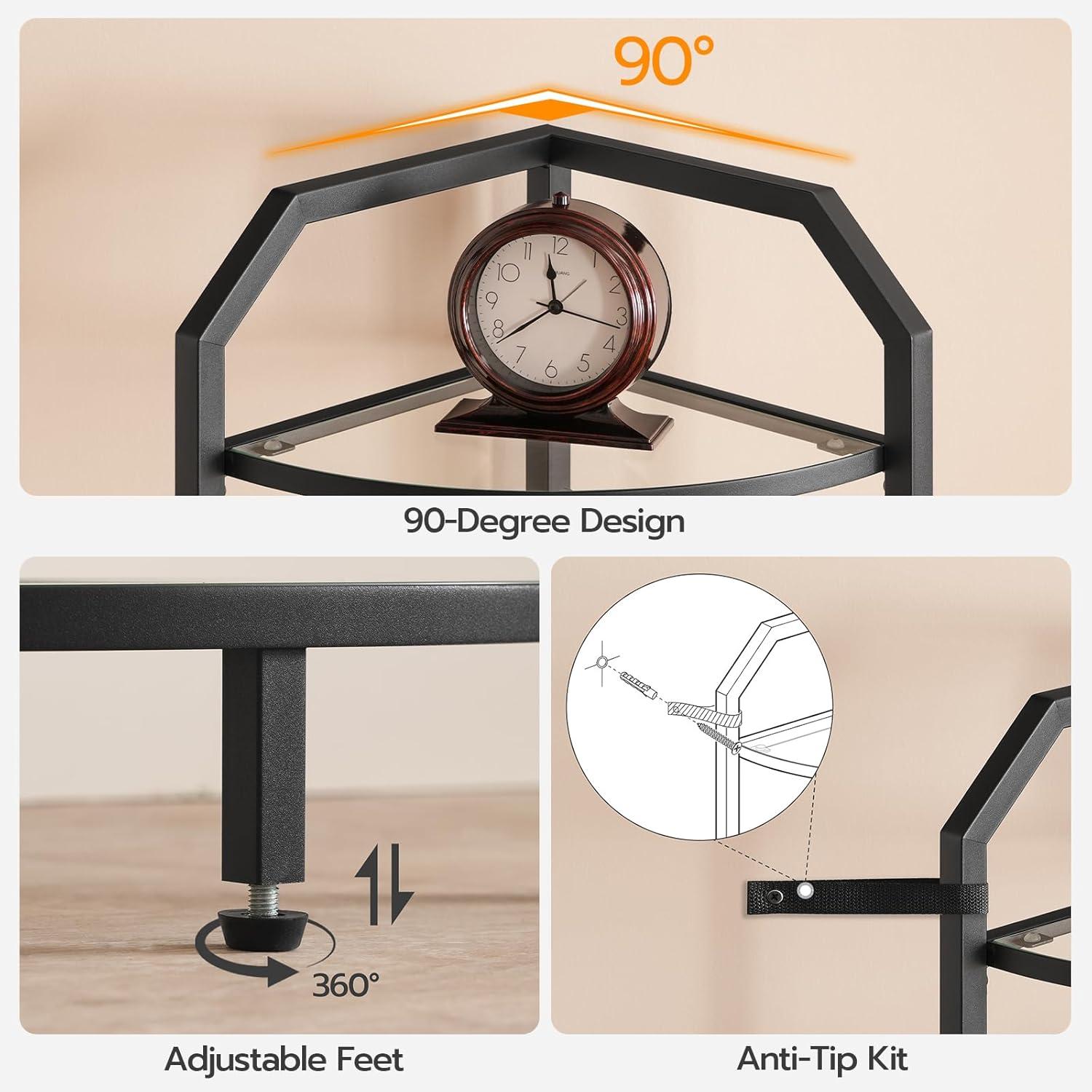 Black 5-Tier Steel and Glass Corner Shelf Stand