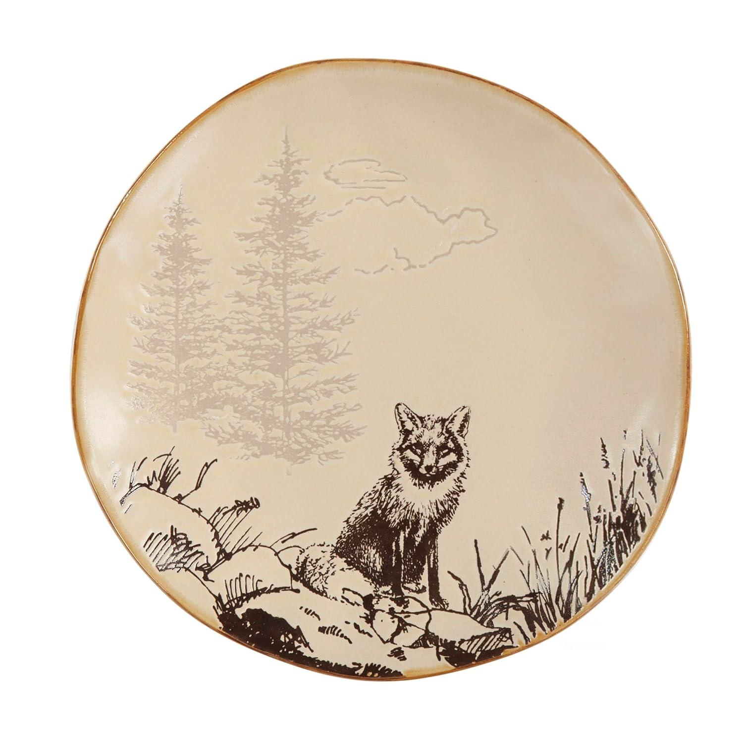 Paseo Road White Pine 16 Piece Ceramic Dinnerware Set, Pine Tree Bear Deer Moose Fox Print, Modern Rustic Cabin Lodge Dish Set with Plates, Bowls, Mugs