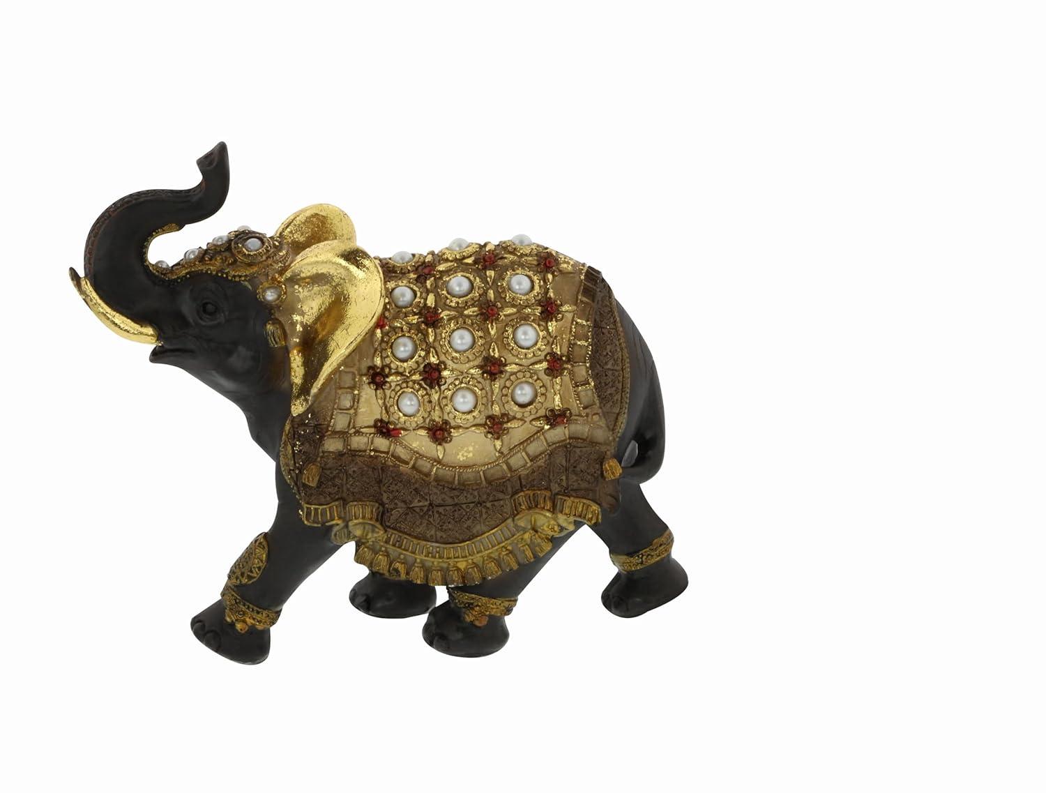 World Menagerie Alfhild Polystone Handmade Decorated Elephant Gold Sculpture with Ornate Dresswear and Pearl Accents Set