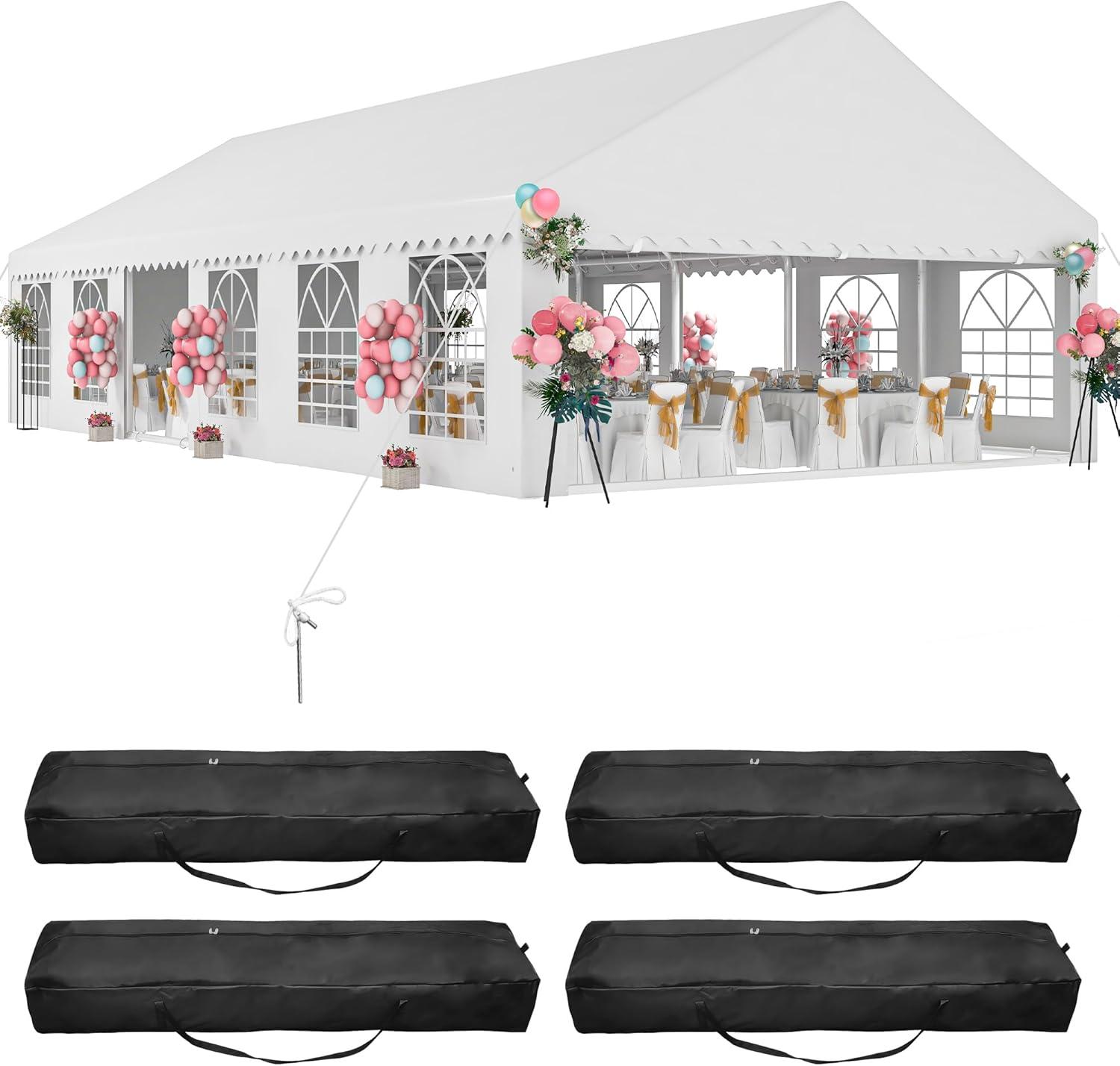 Dextrus 16x32FT Party Tent Heavy Duty PVC Wedding Event Shelters White Upgraded Galvanized Ripple Canopy with Large Roof Removable Sidewalls & 3 Storage Bags 600D Oxford Commercial