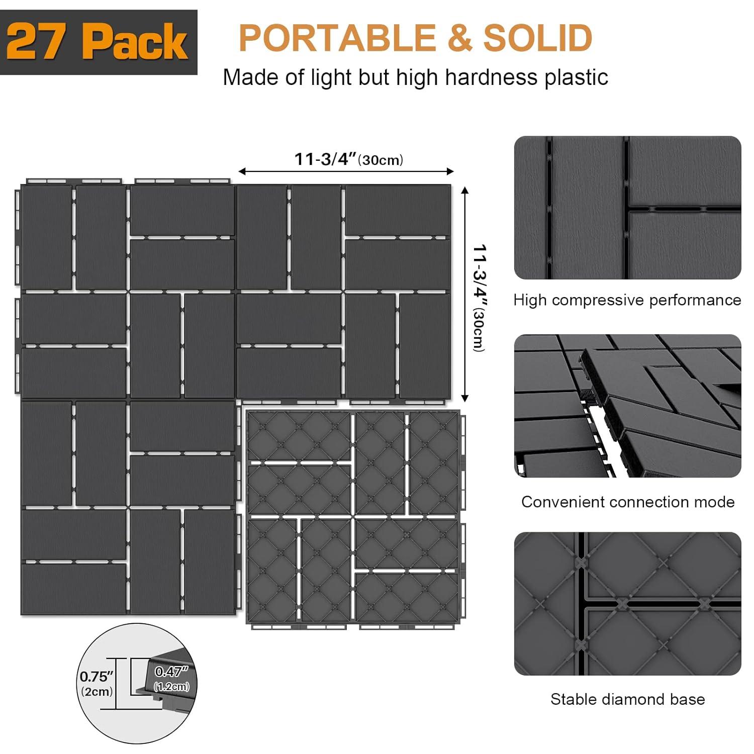 Goovilla Plastic Interlocking Deck Tiles, 27 Pack Outdoor Patio Flooring, 12"x12" Interlocking Decking Tile Outdoor All Weather Use, Waterproof Patio Pavers for Pool Balcony Backyard Porch, Dark Grey