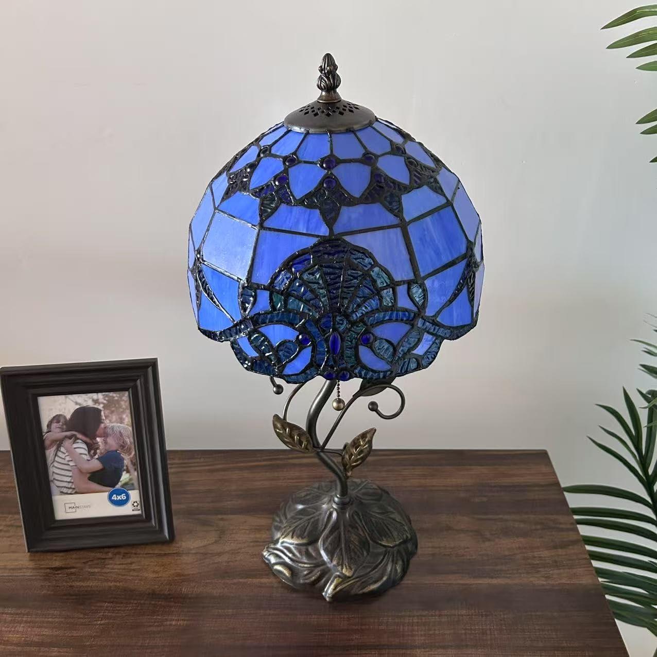 Tiffany Table Lamp Blue Stained Glass Baroque Style Lavender Iron Metal Leaves Bronze Base Included LED Bulb for Living Room Bedroom Bedside 10"W*10"D*20"H