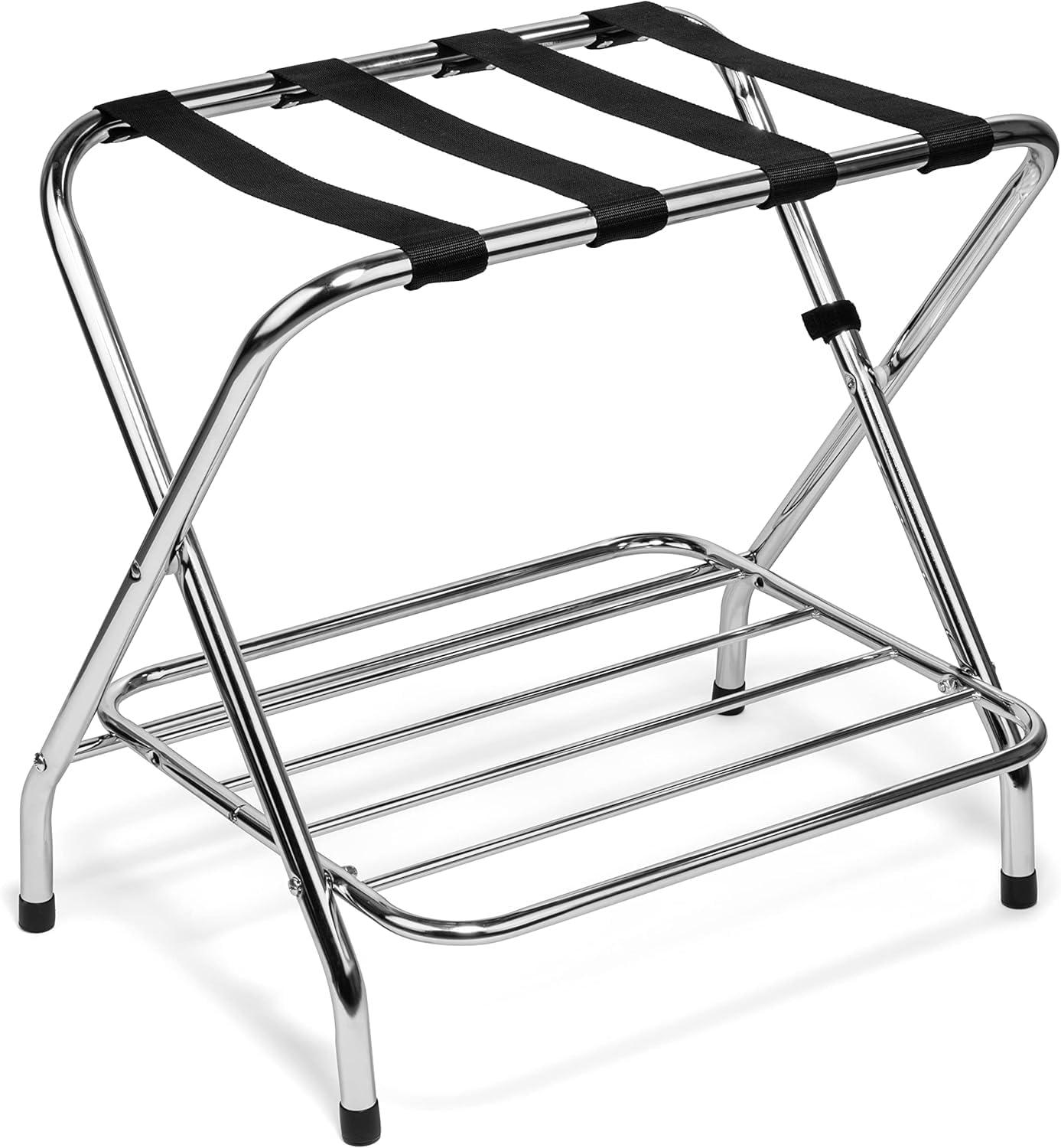 Chrome Folding Luggage Rack with Double Tier Storage