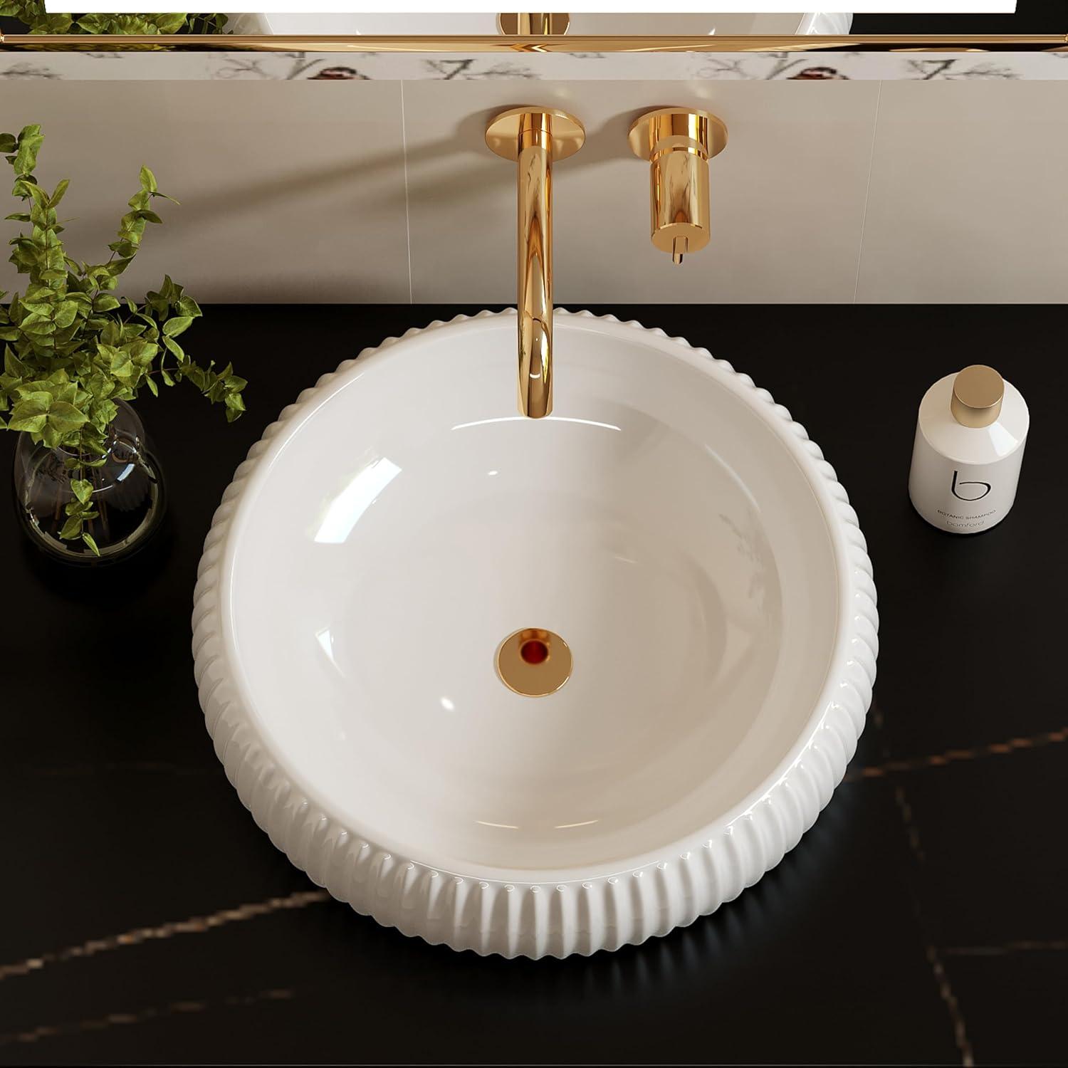 Glossy White Round Ceramic Above-Counter Vessel Sink